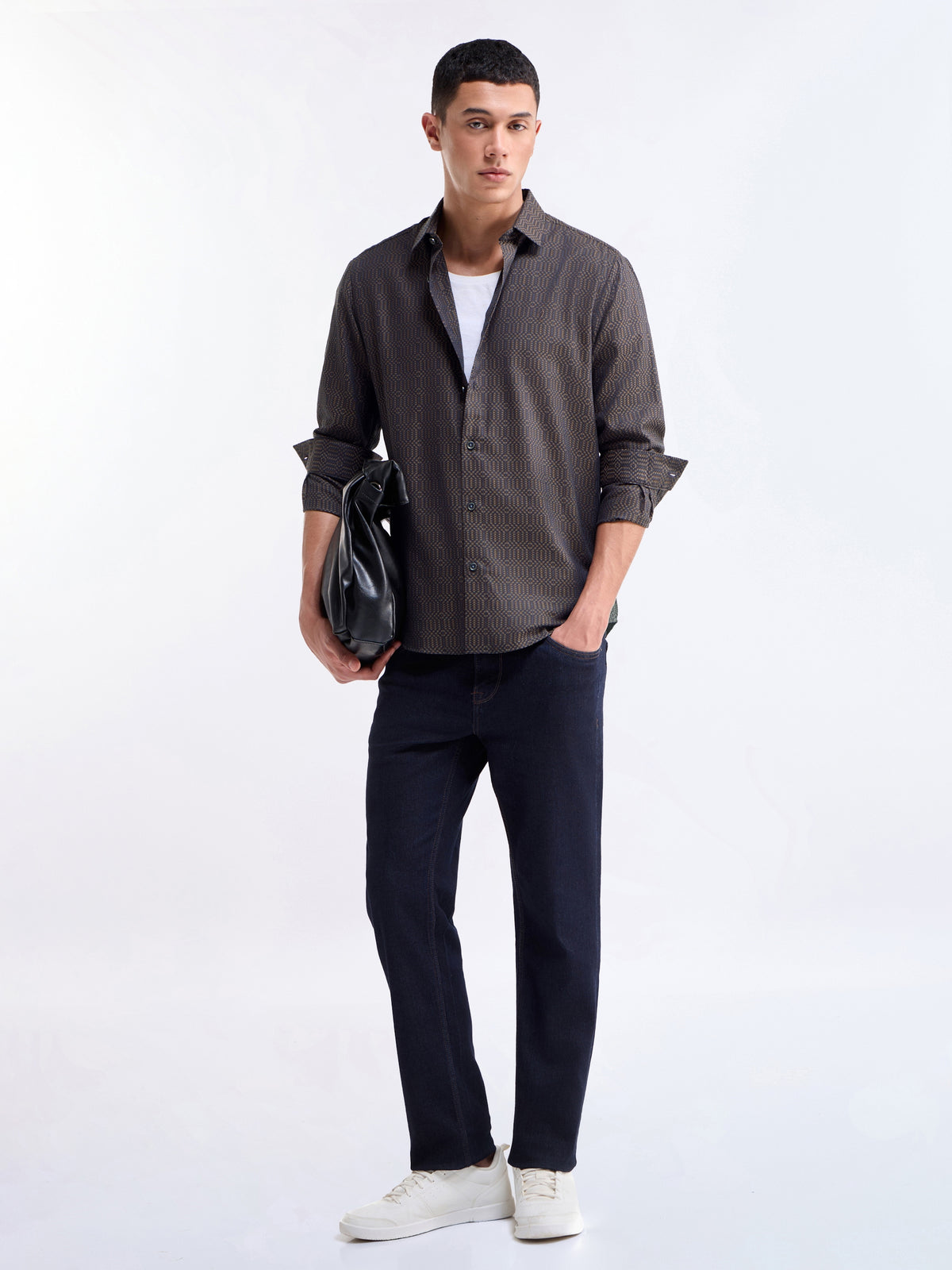 Brown Jacquard Regular Fit Shirt - Brown t4option_0