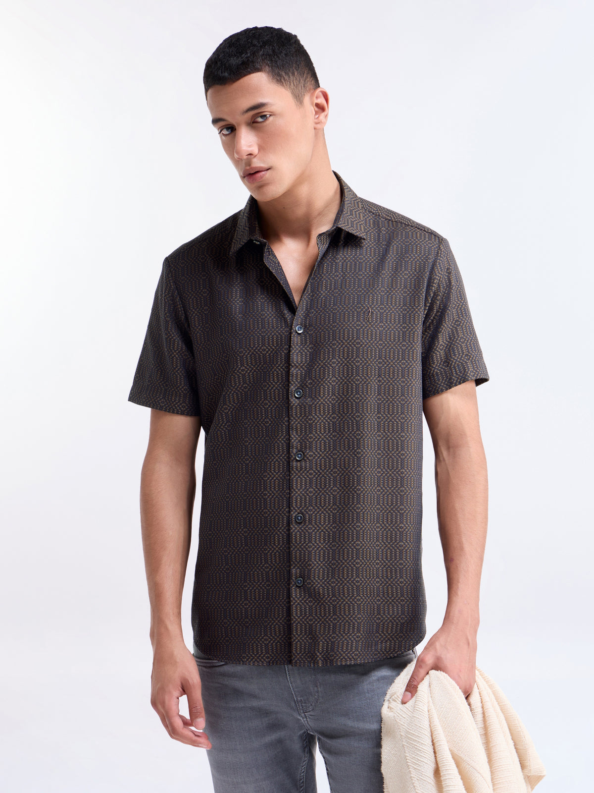 Brown Jacquard Regular Fit Shirt - Brown t4option_0