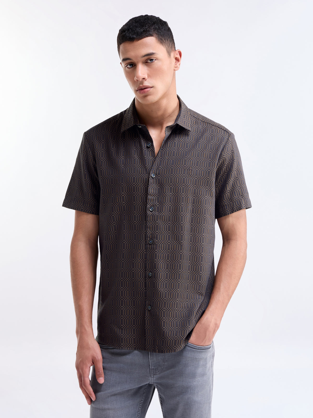 Brown Jacquard Regular Fit Shirt - Brown t4option_0