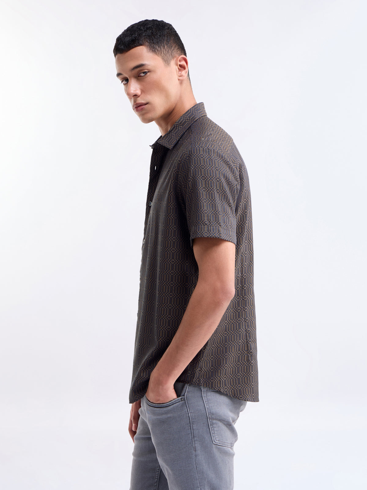 Brown Jacquard Regular Fit Shirt - Brown t4option_0