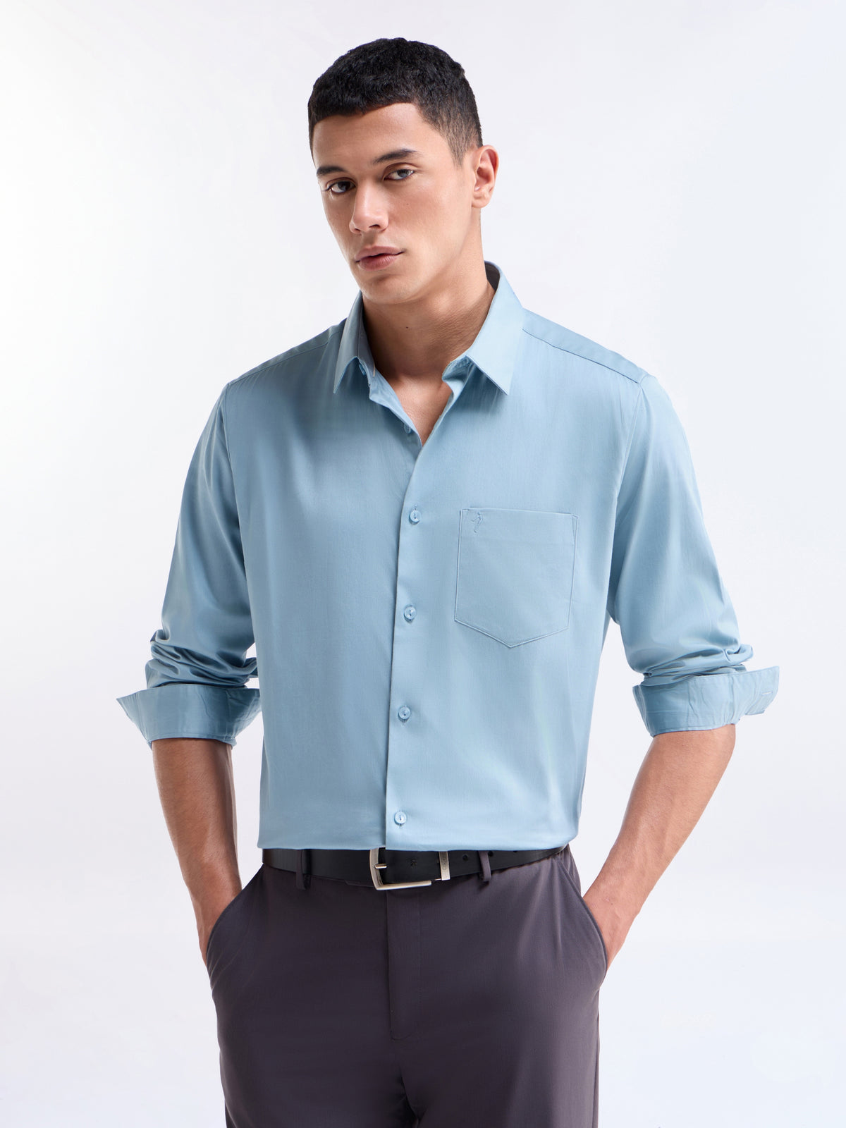 Solid Regular Fit Shirt - Dusty Blue t4option_1
