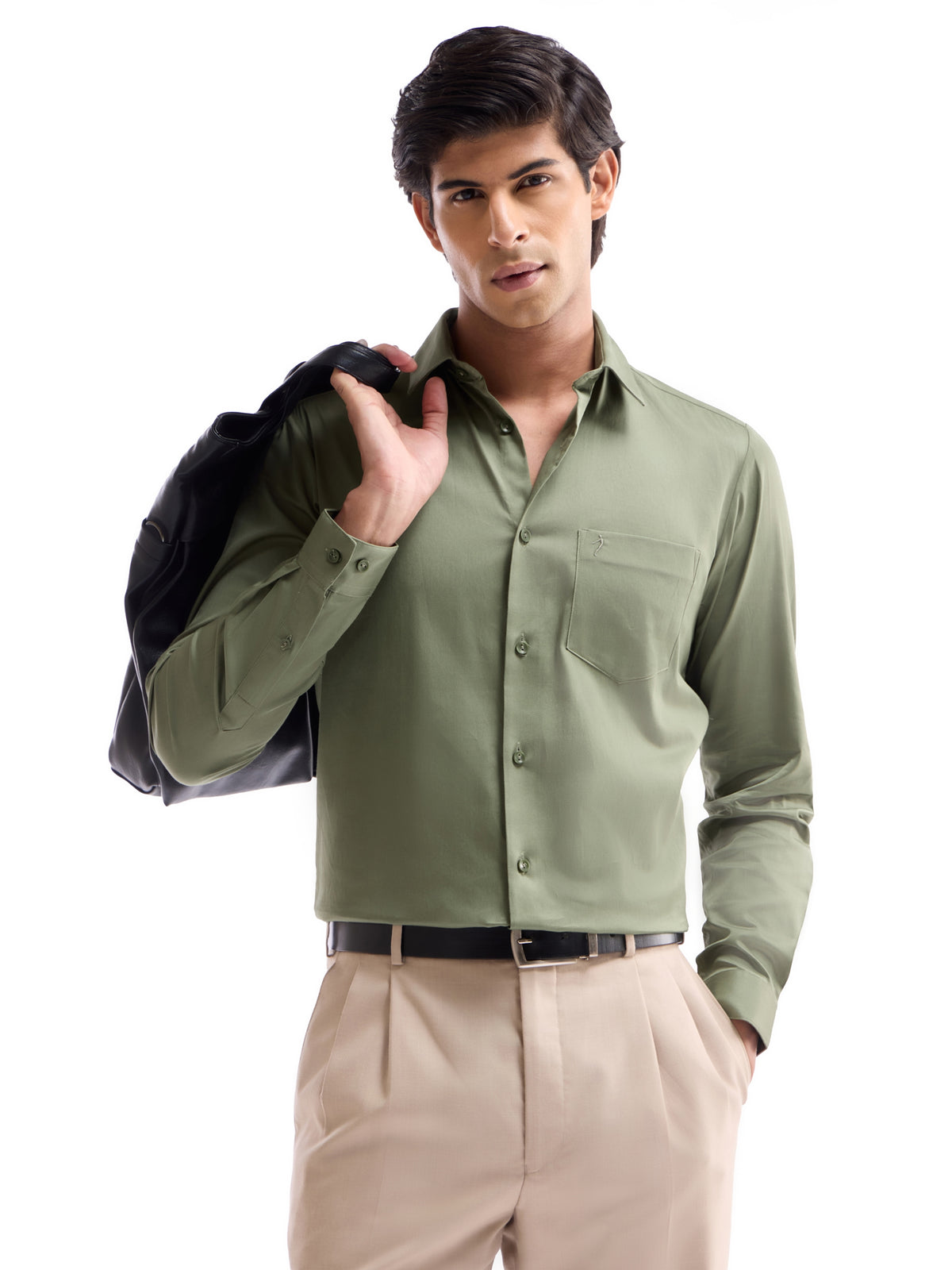 Solid Regular Fit Shirt - Lt Olive t4option_2