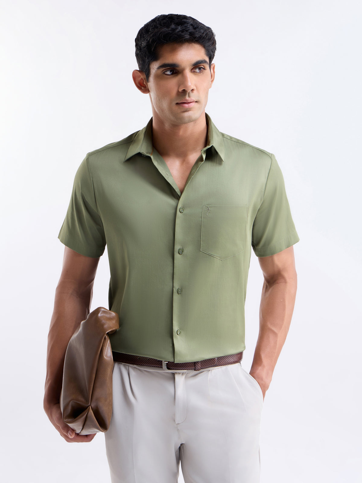 Solid Regular Fit Shirt - Lt Olive t4option_2
