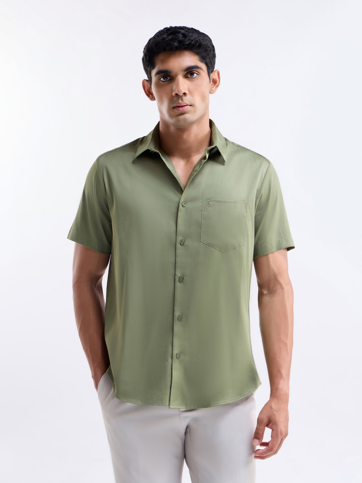 Solid Regular Fit Shirt - Lt Olive t4option_2