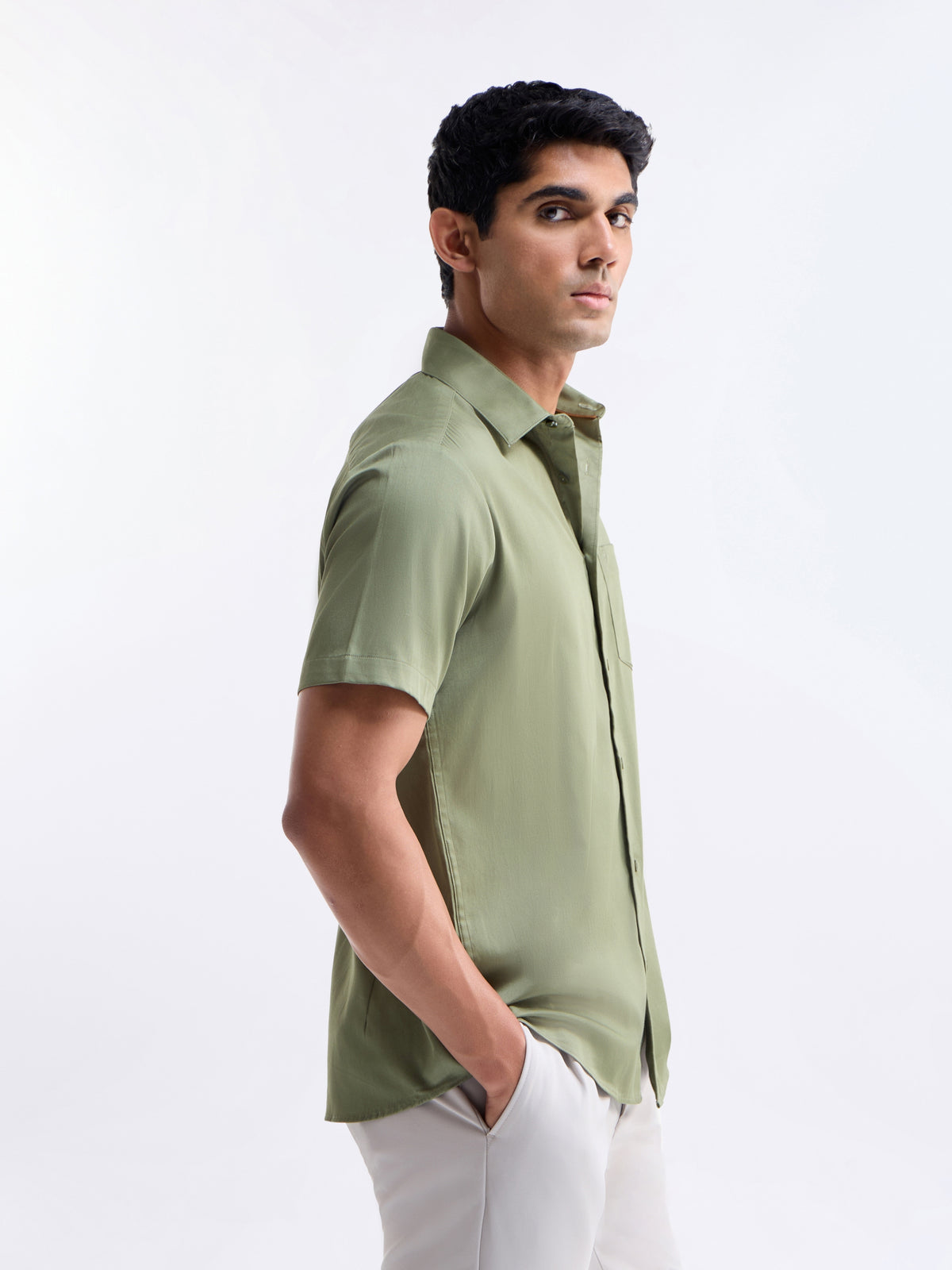 Solid Regular Fit Shirt - Lt Olive t4option_2