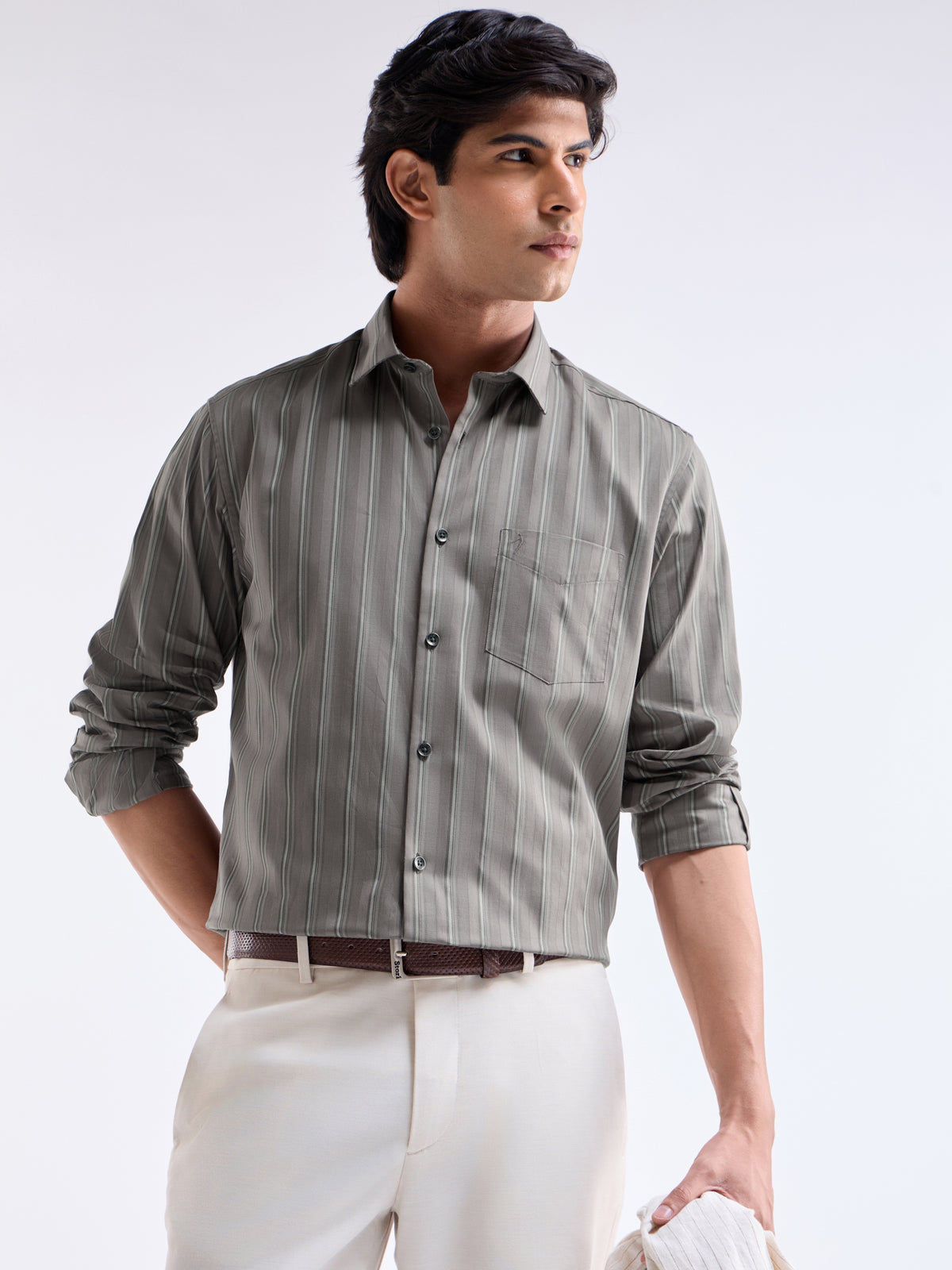 Striped Regular Fit Shirt - Lt Brown t4option_0