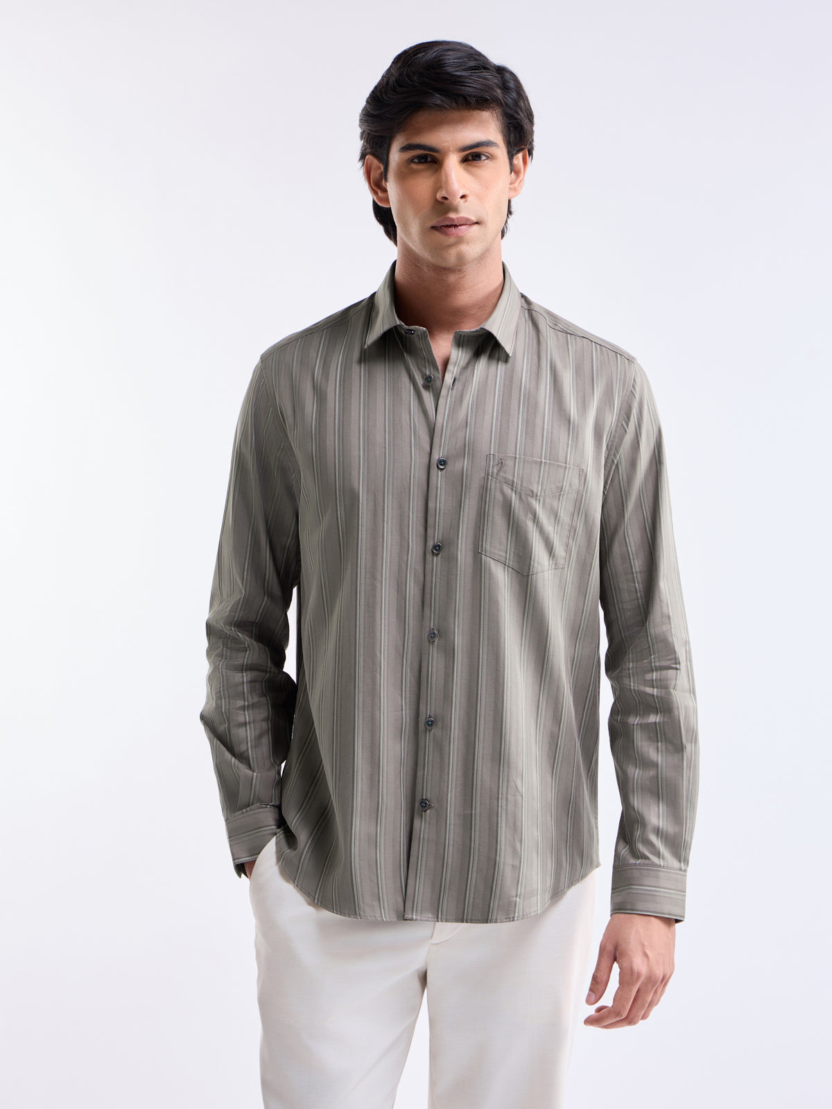 Striped Regular Fit Shirt - Lt Brown t4option_0