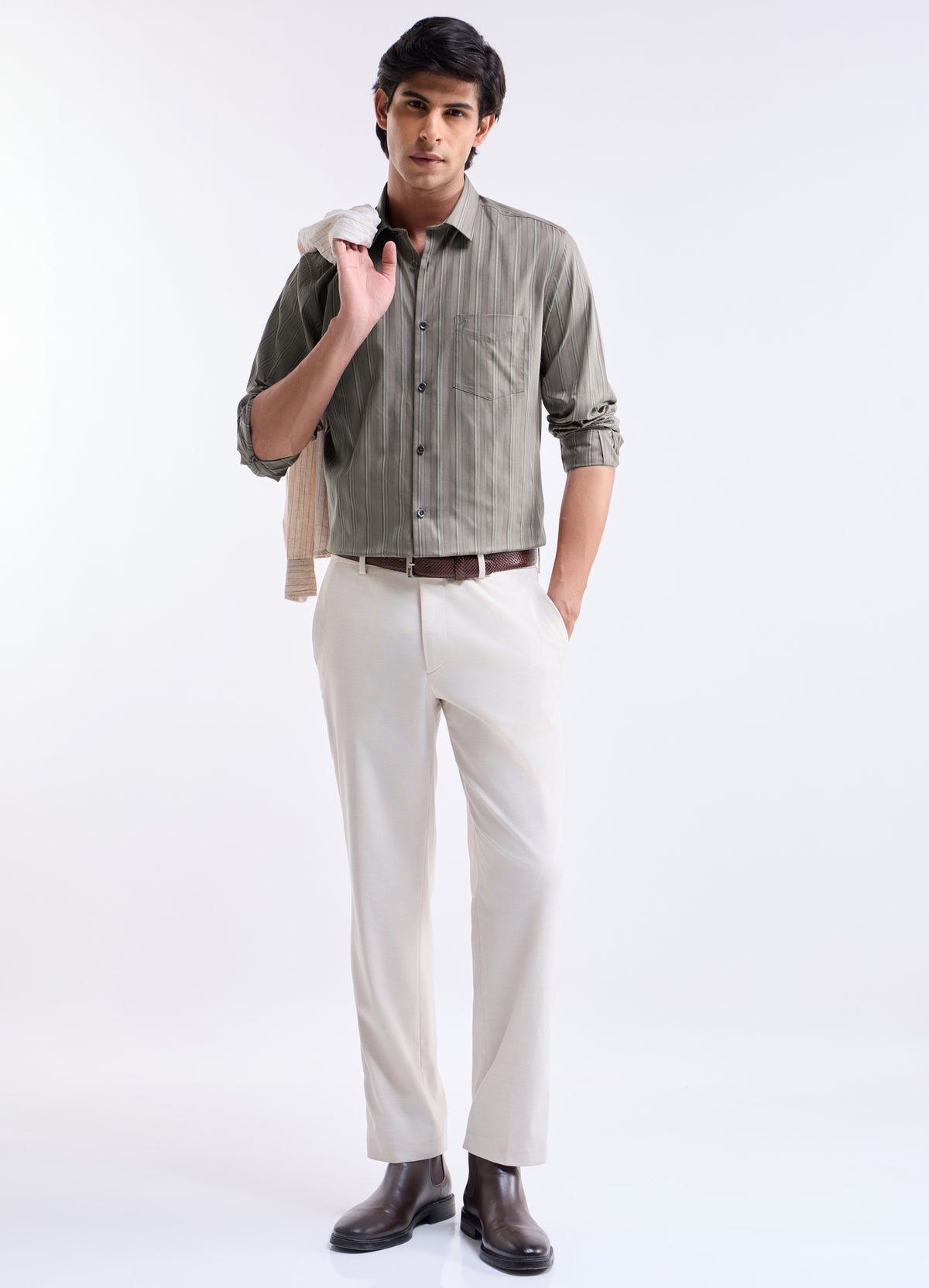Striped Regular Fit Shirt - Lt Brown t4option_0