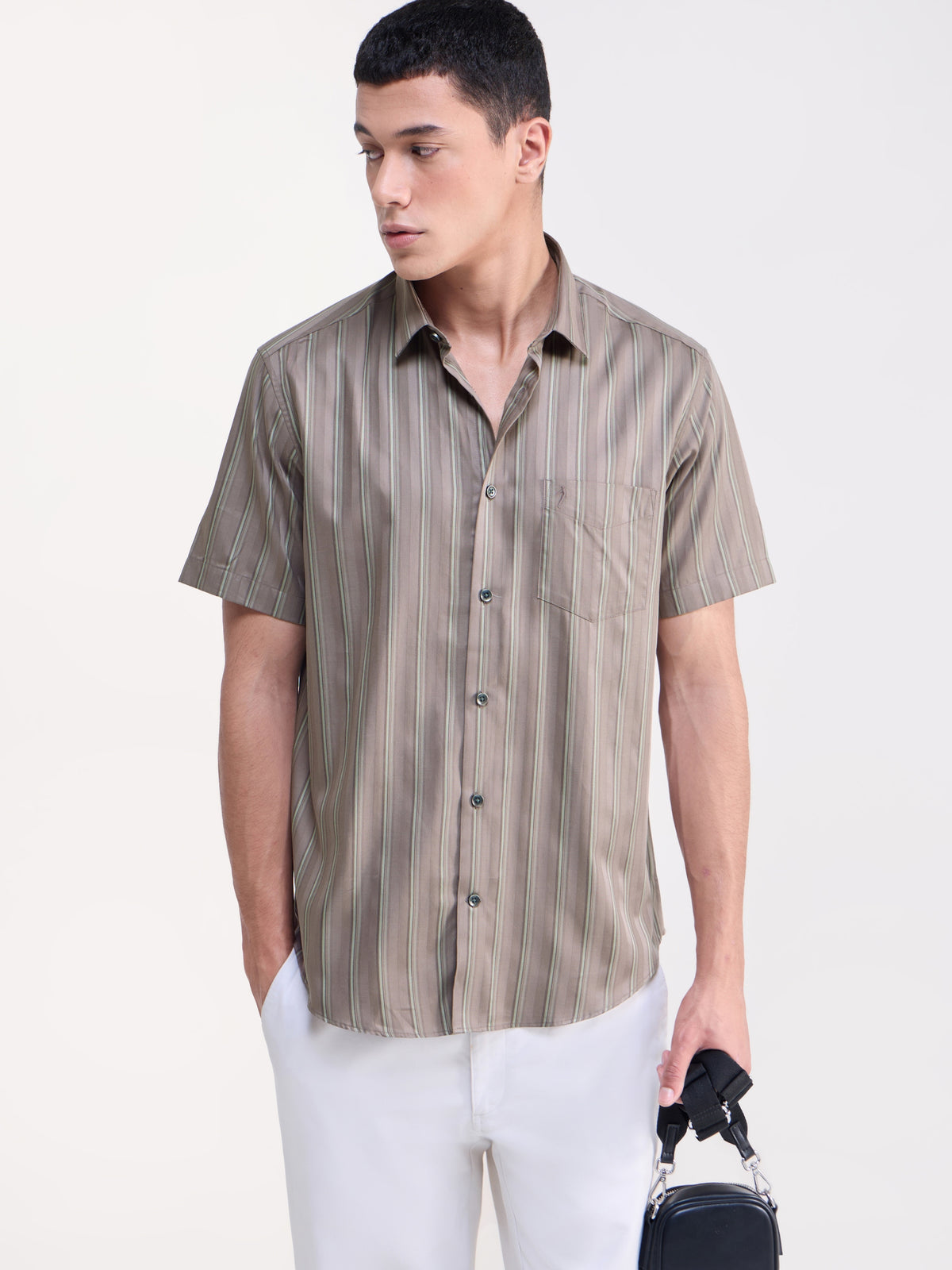 Striped Regular Fit Shirt - Lt Brown t4option_1