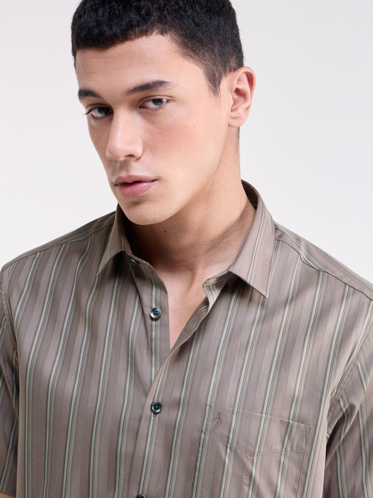 Striped Regular Fit Shirt - Lt Brown t4option_1