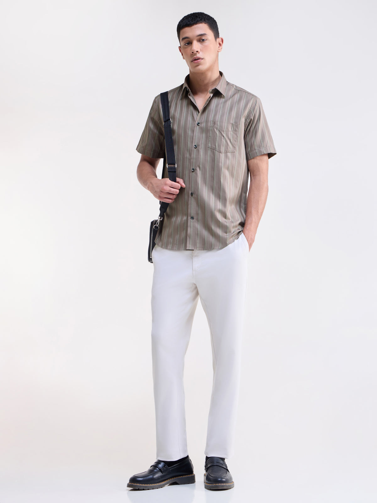 Striped Regular Fit Shirt - Lt Brown t4option_1