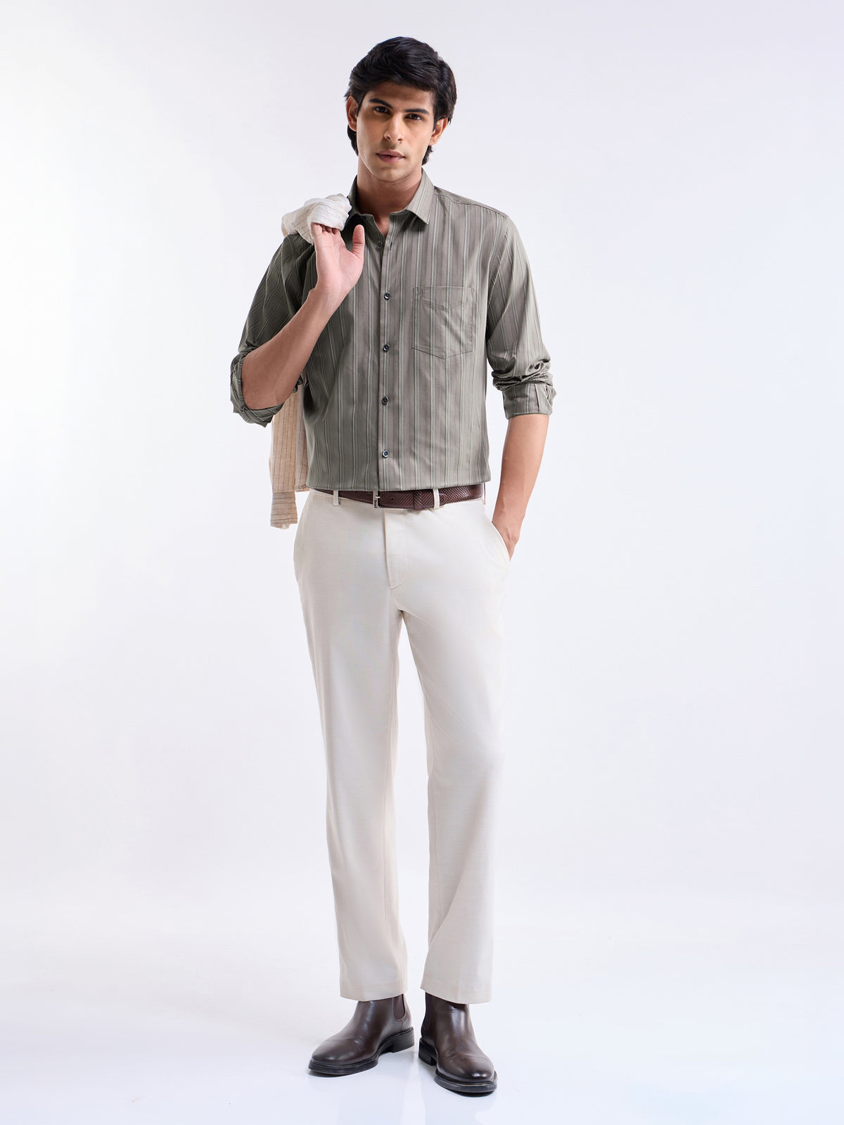 Striped Regular Fit Shirt - Lt Brown t4option_0