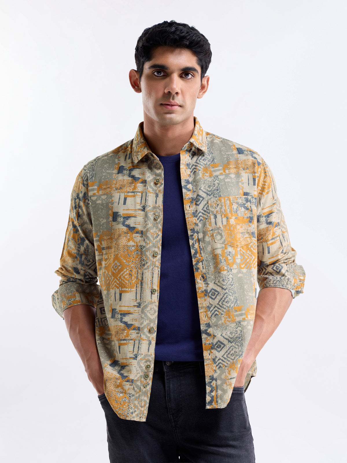 Ochre Printed Regular Fit Shirt - Ochre t4option_0