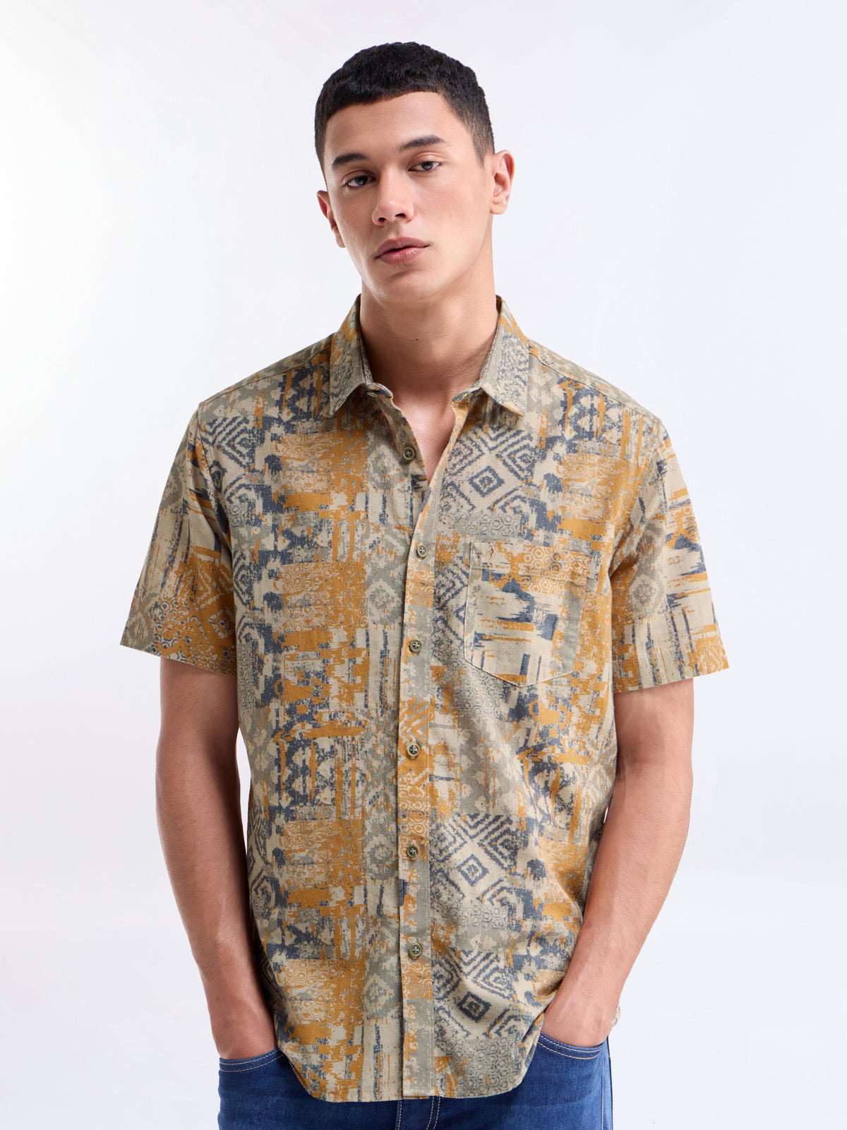 Ochre Printed Regular Fit Shirt - Ochre t4option_0