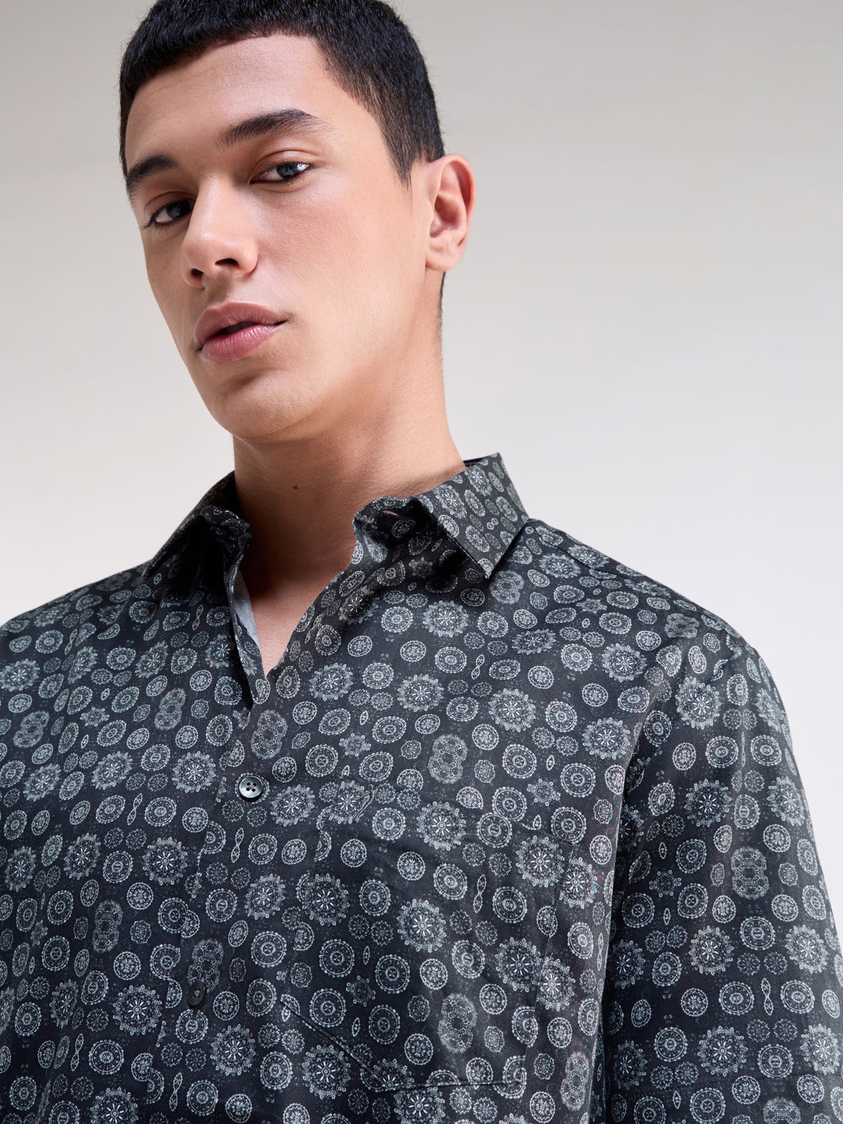 Printed Regular Fit Shirt - Grey t4option_0