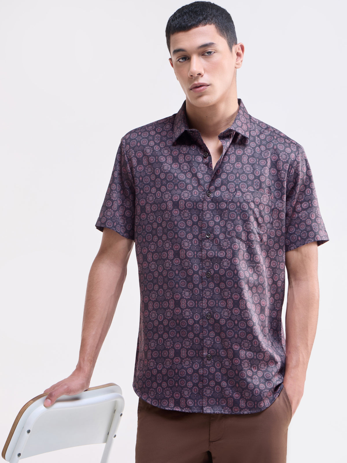Printed Regular Fit Shirt - Wine t4option_1