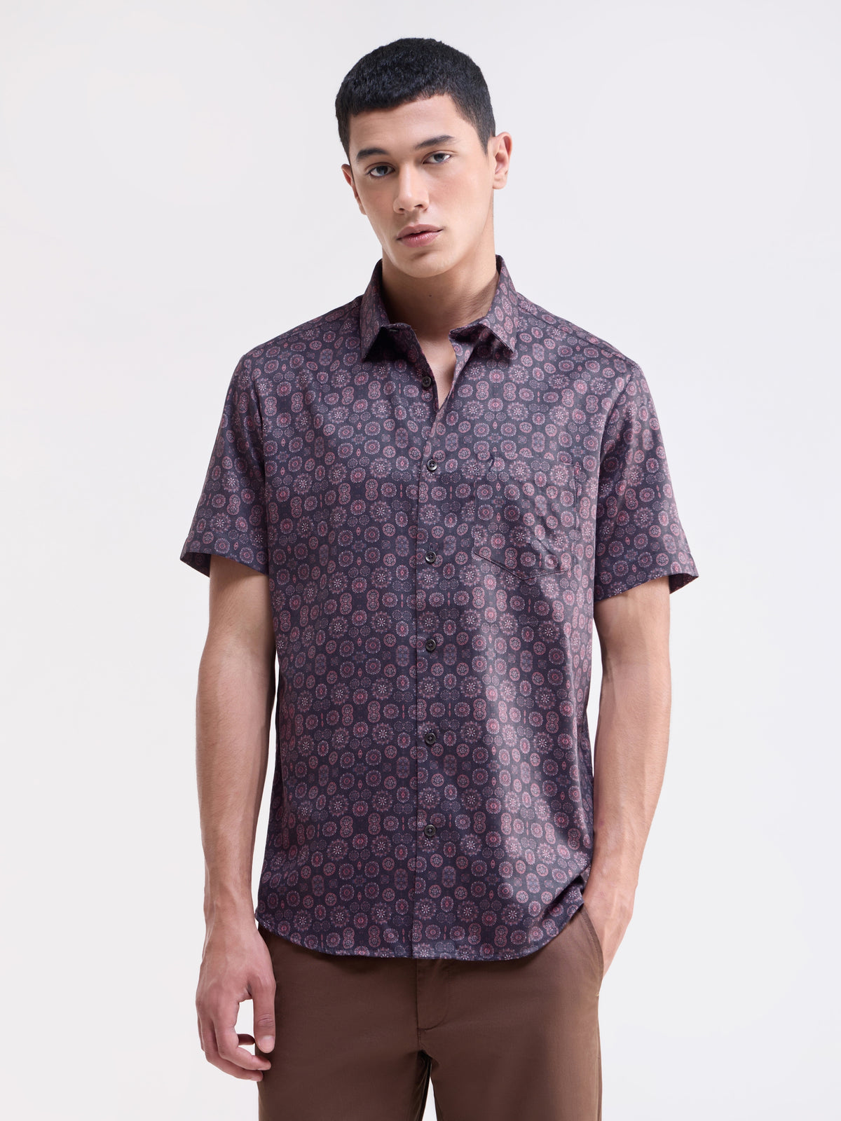 Printed Regular Fit Shirt - Wine t4option_1