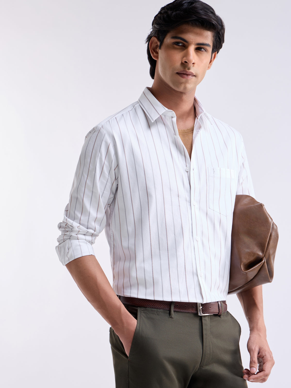 White Striped Regular Fit Shirt - White t4option_0