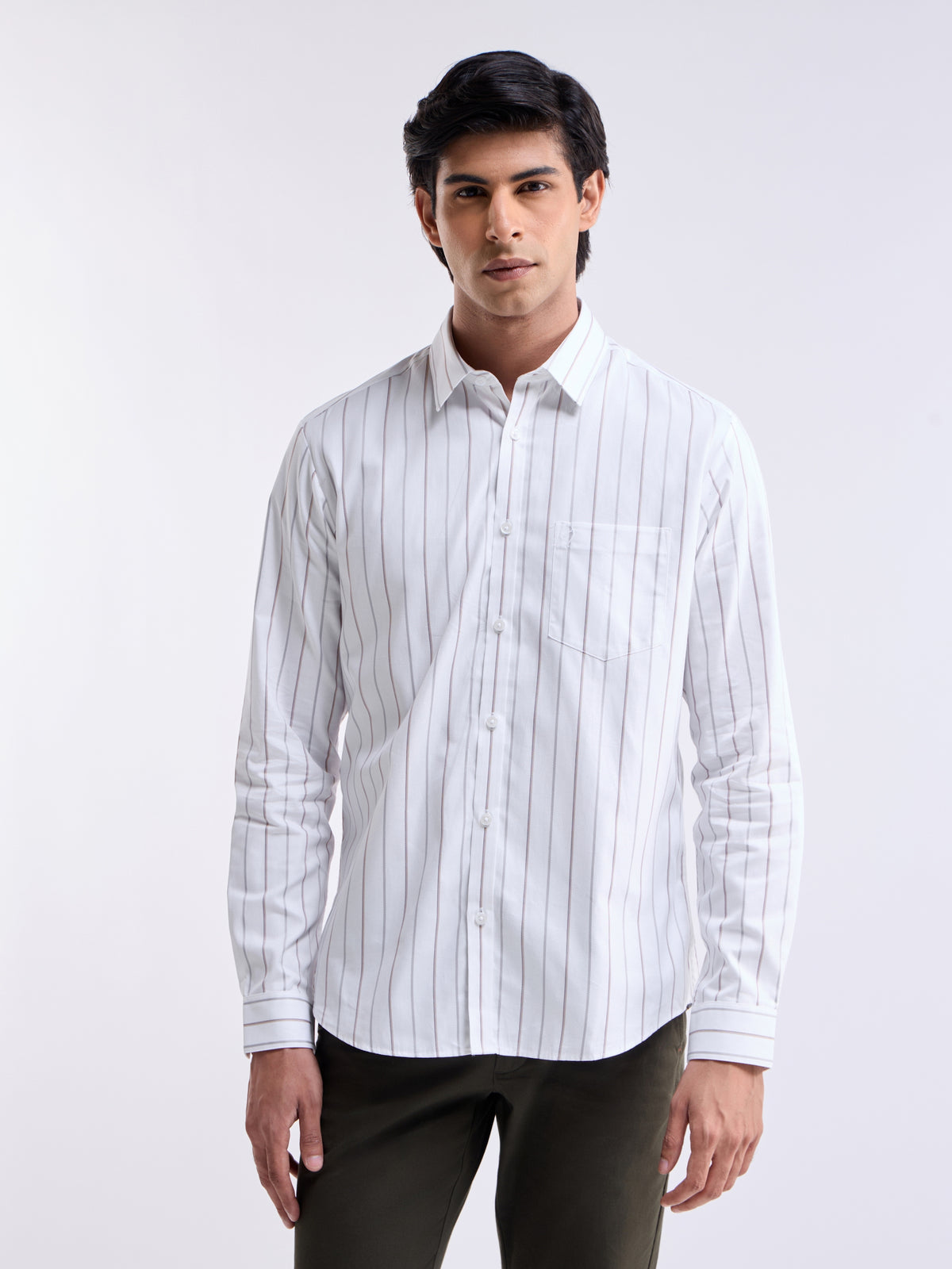 White Striped Regular Fit Shirt - White t4option_0
