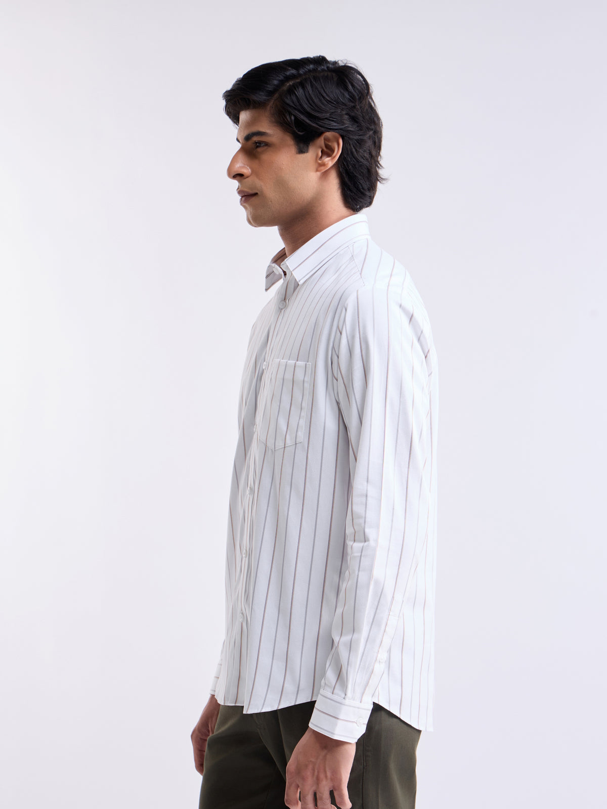 White Striped Regular Fit Shirt - White t4option_0