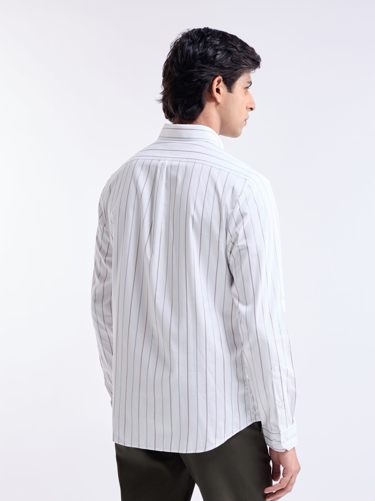 White Striped Regular Fit Shirt - White t4option_0