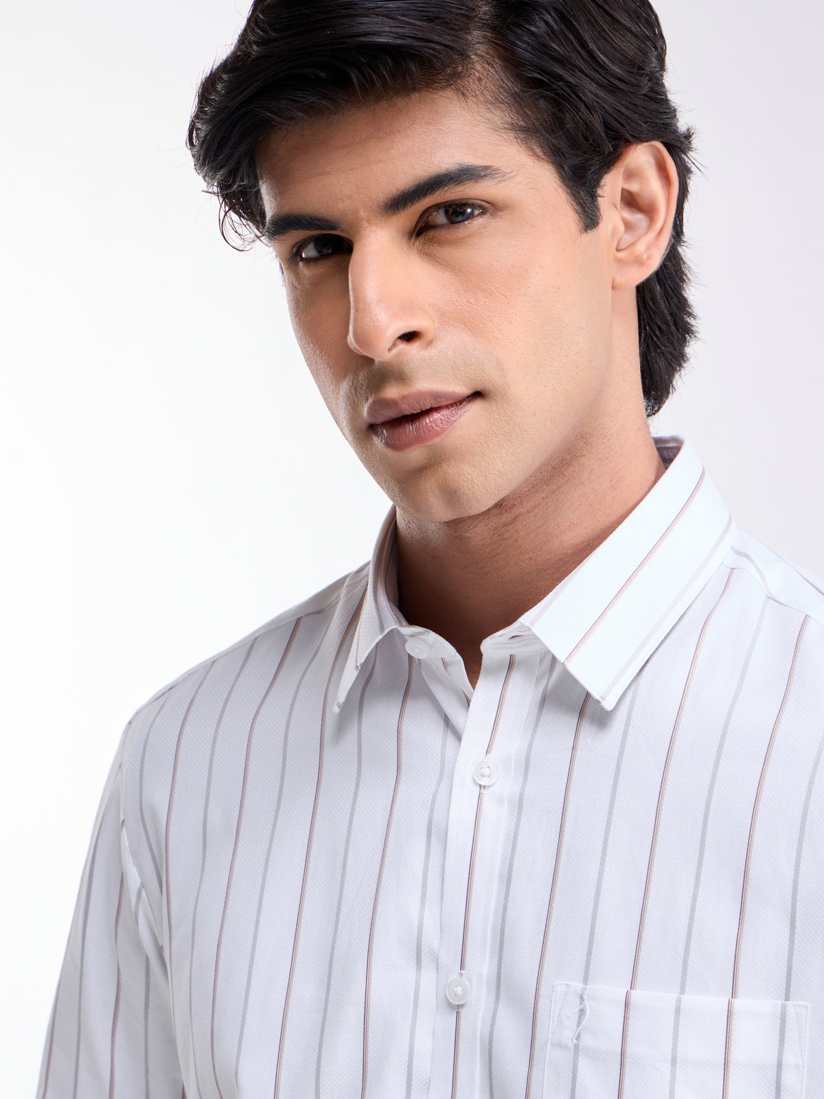 White Striped Regular Fit Shirt - White t4option_0