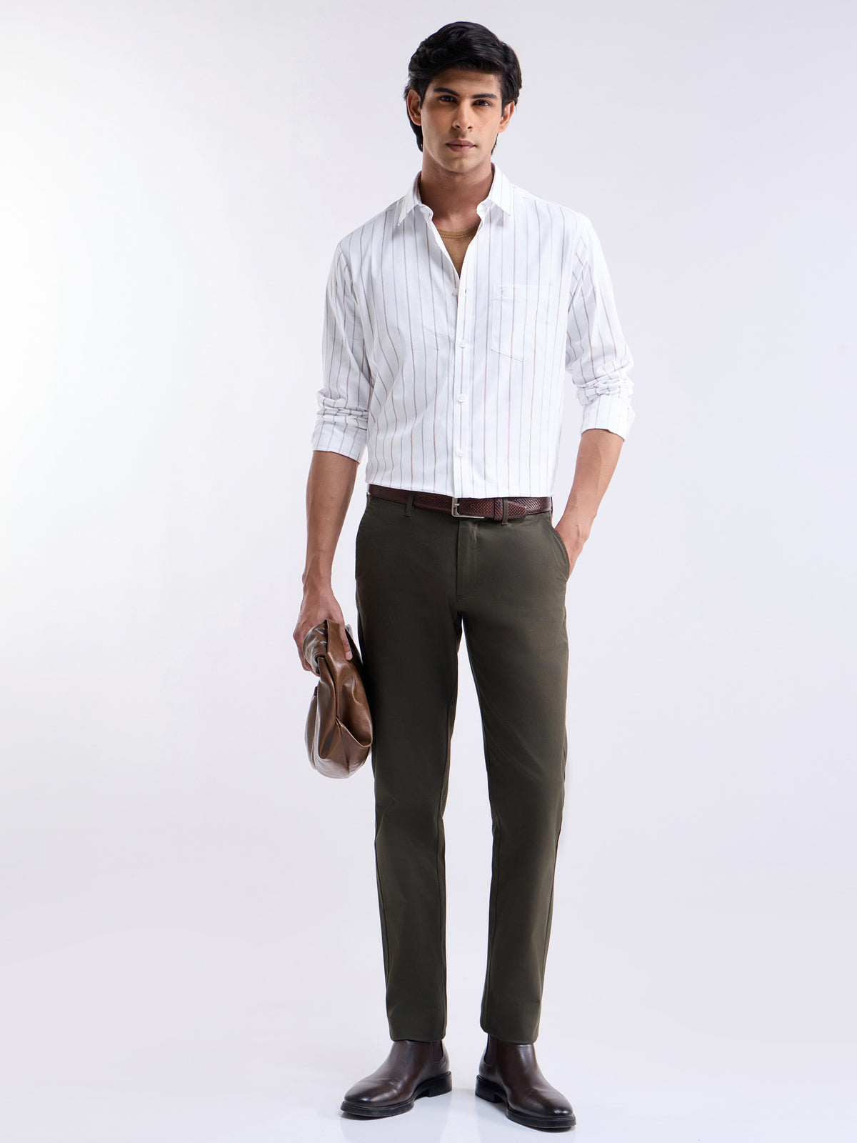 White Striped Regular Fit Shirt - White t4option_0