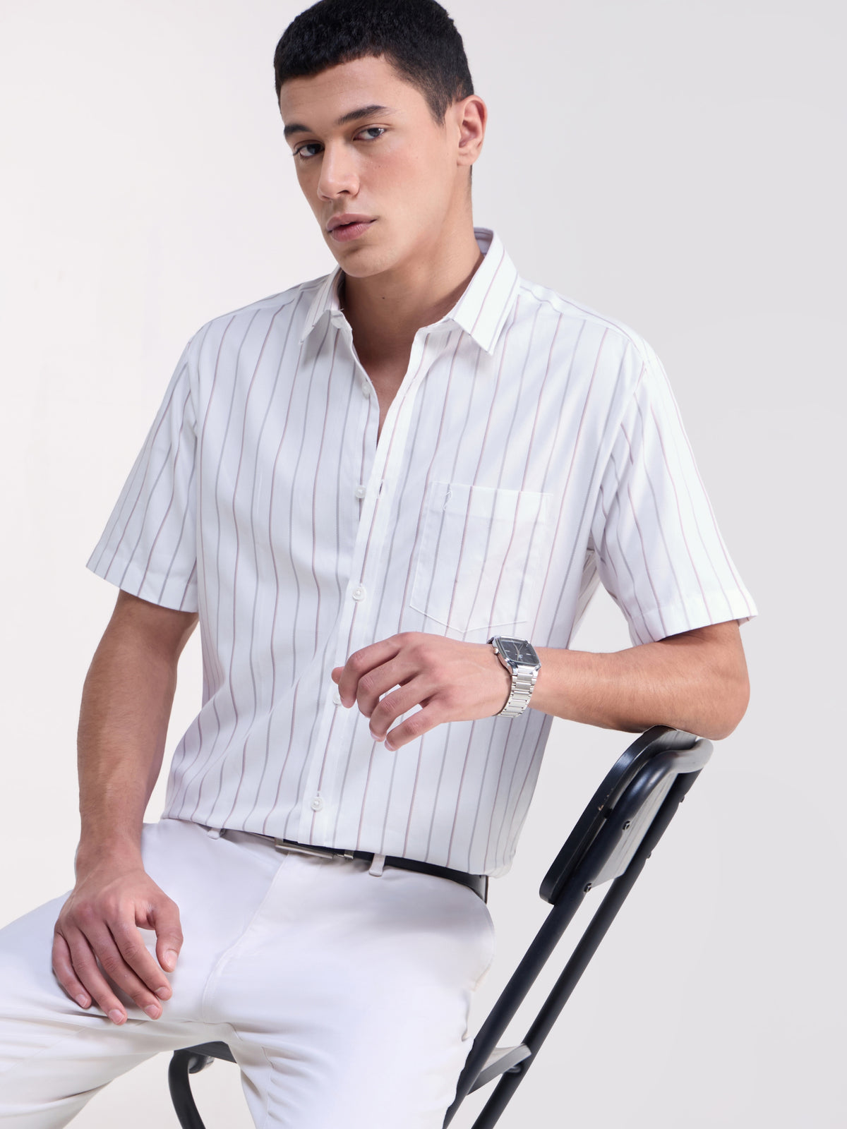White Striped Regular Fit Shirt - White t4option_0