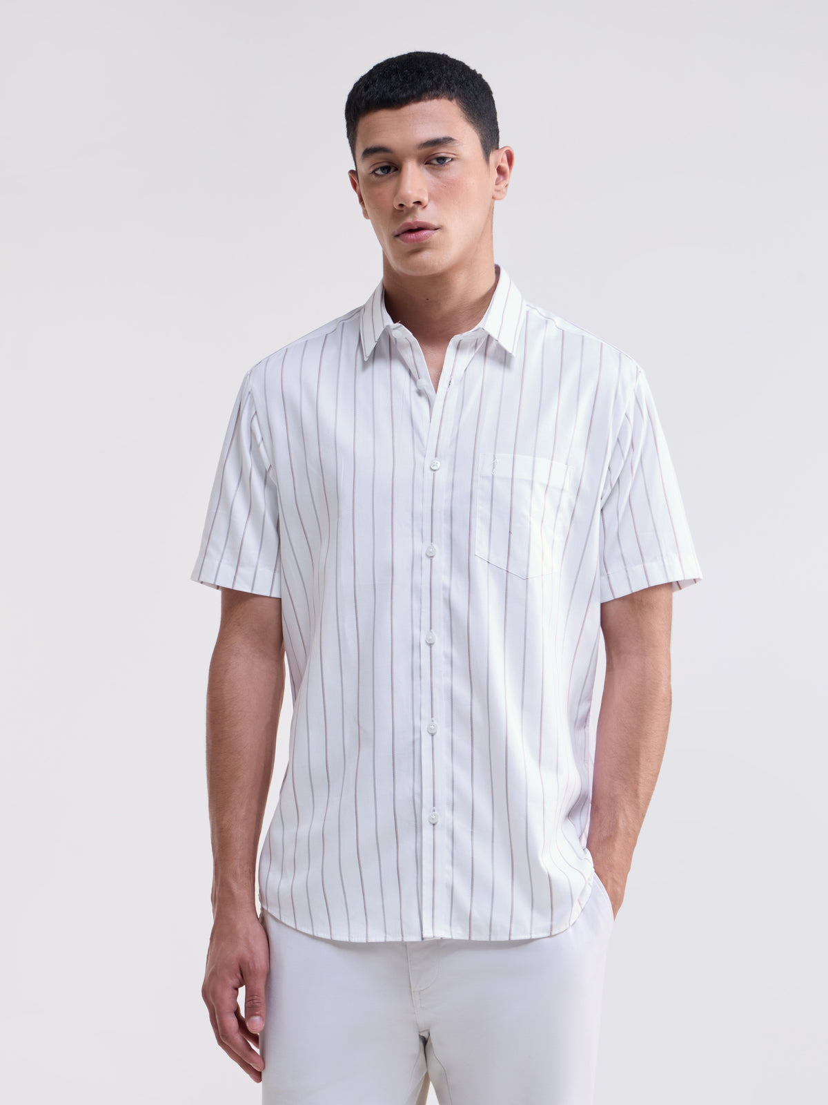 White Striped Regular Fit Shirt - White t4option_0