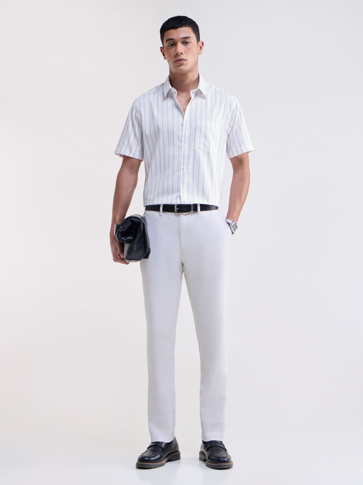 White Striped Regular Fit Shirt - White t4option_0