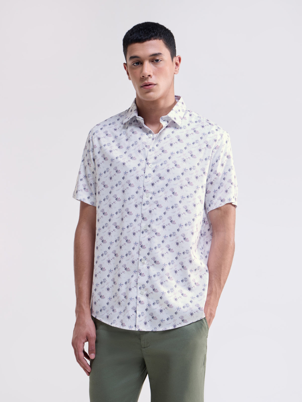 White Printed Regular Fit Shirt - White t4option_0
