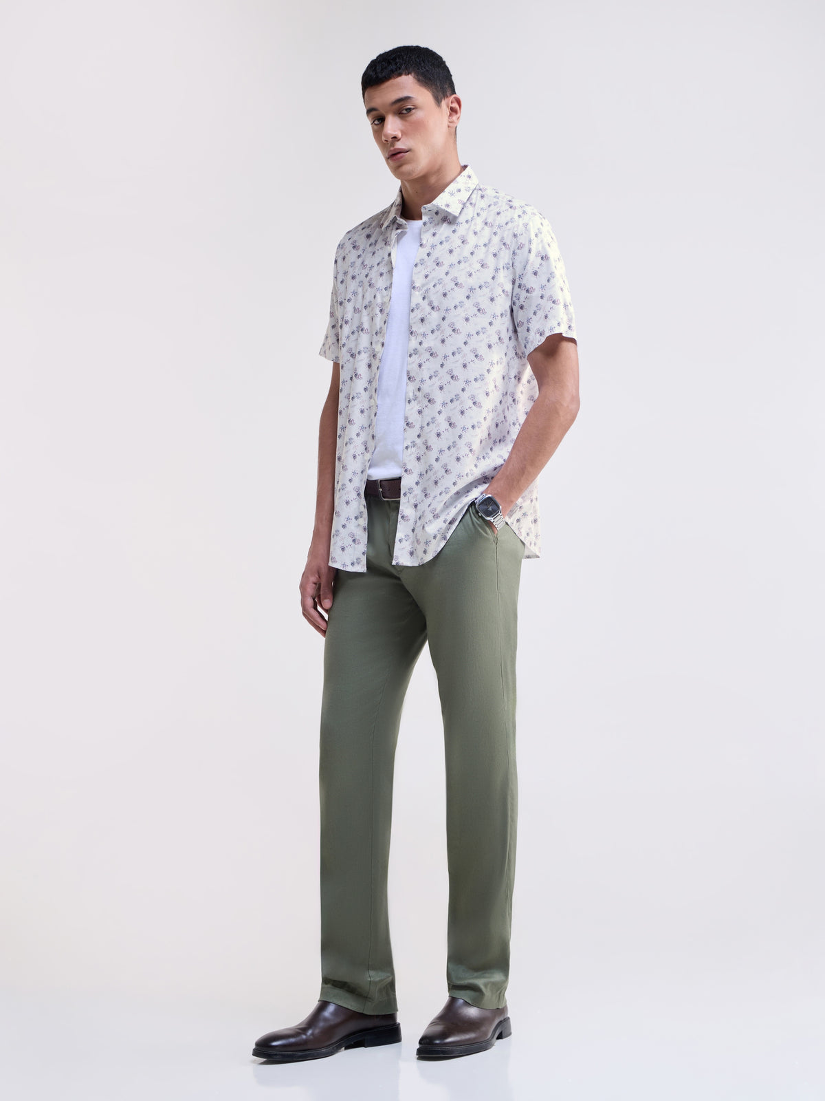 White Printed Regular Fit Shirt - White t4option_0