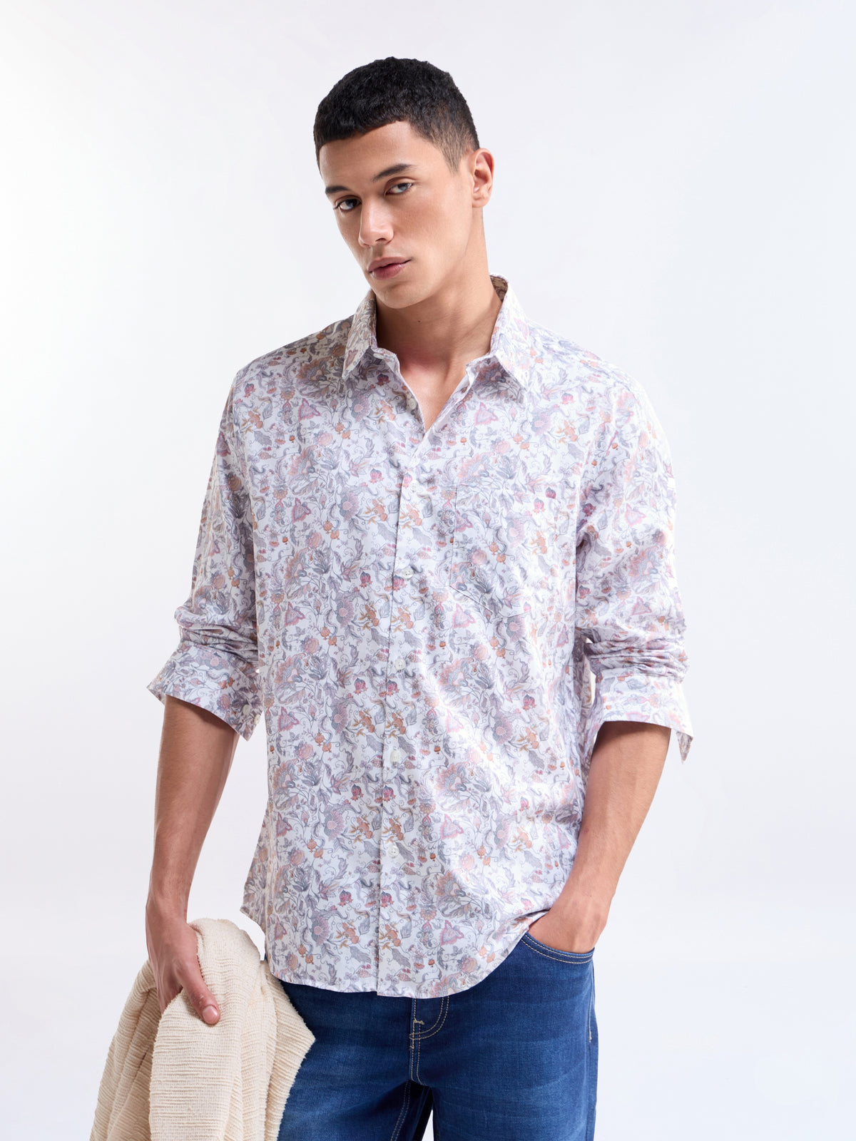 White Printed Regular Fit Shirt - White t4option_0