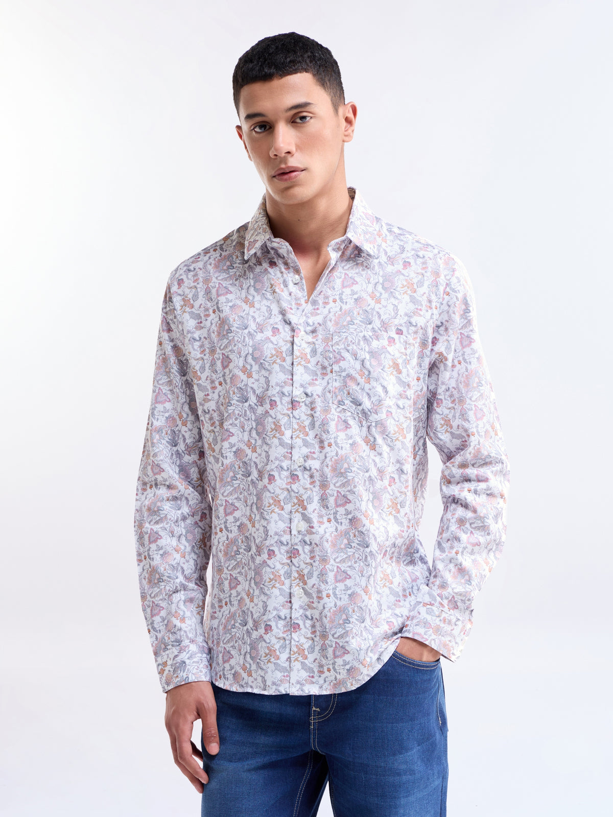 White Printed Regular Fit Shirt - White t4option_0