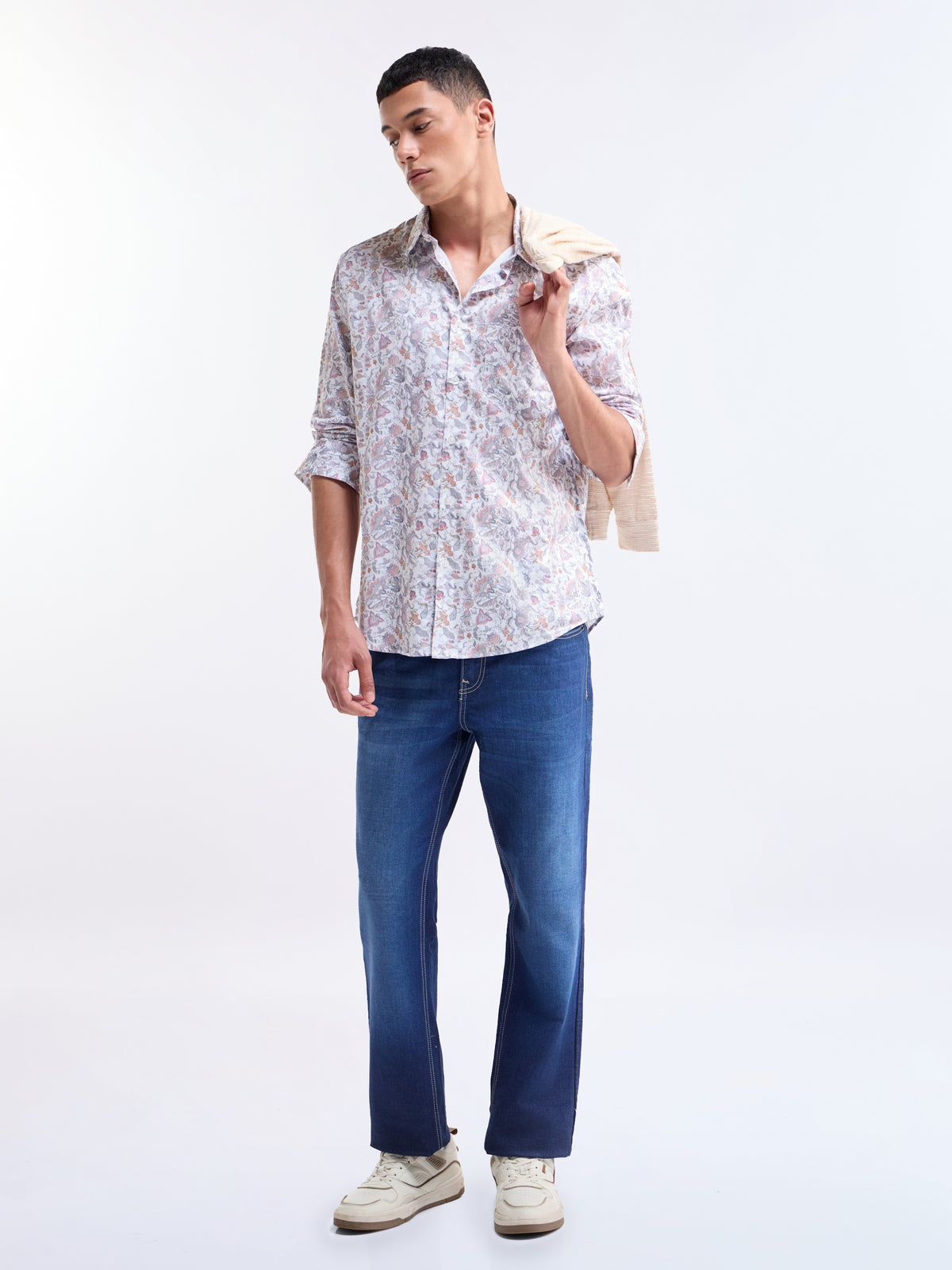 White Printed Regular Fit Shirt - White t4option_0