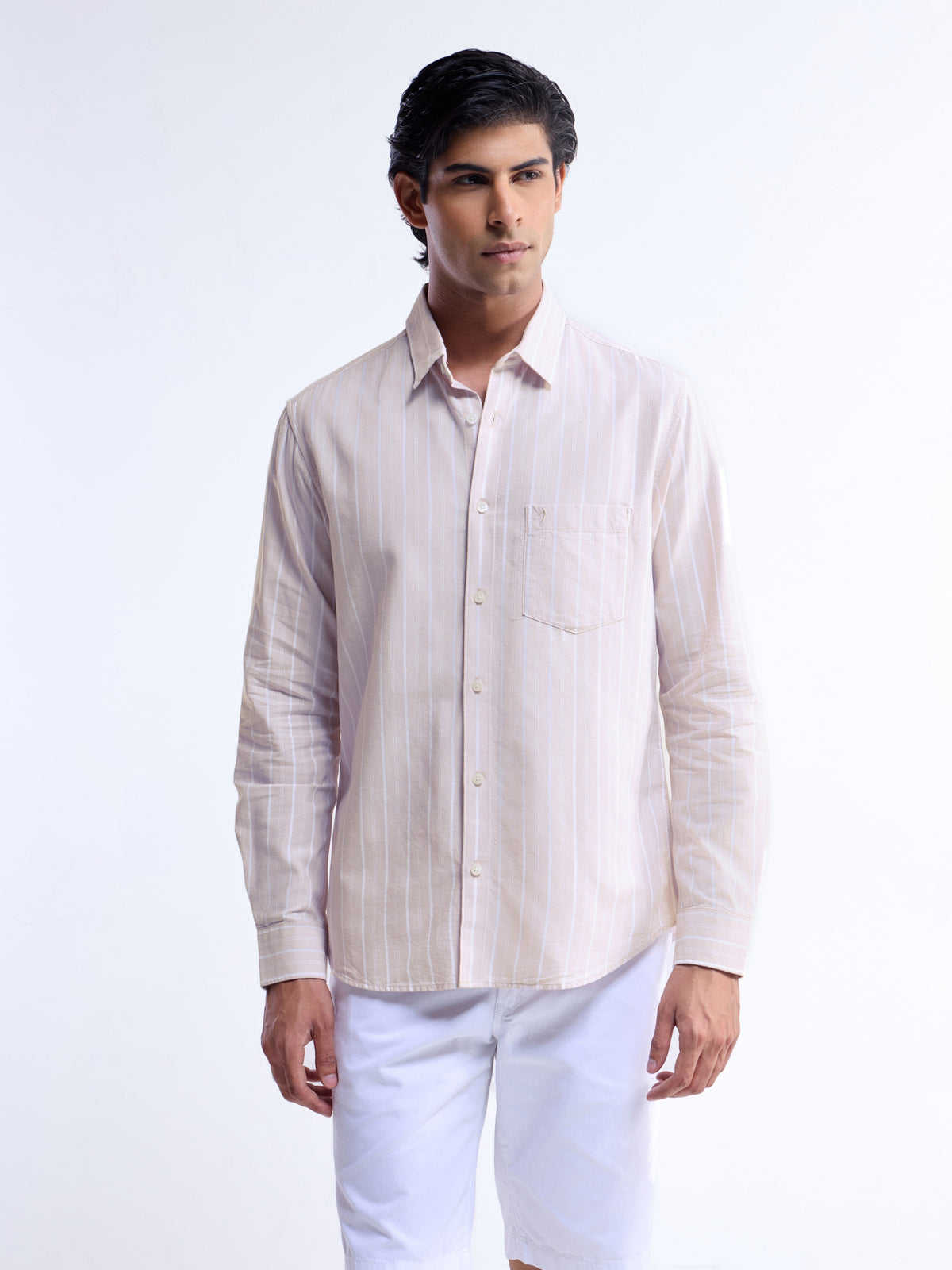 Striped Regular Fit Shirt - Lt Khaki t4option_1