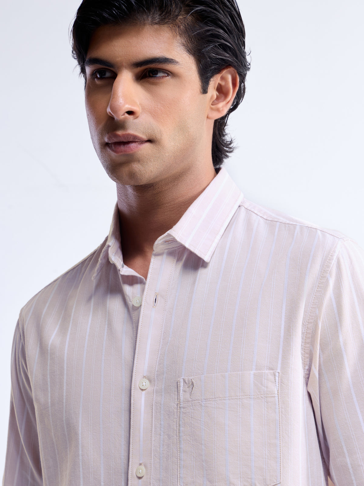 Striped Regular Fit Shirt - Lt Khaki t4option_1
