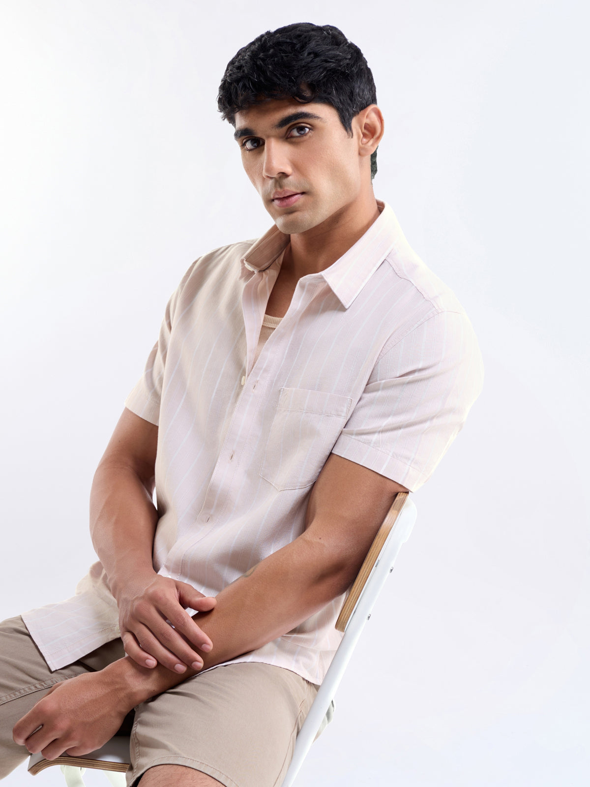 Striped Regular Fit Shirt - Lt Khaki t4option_1