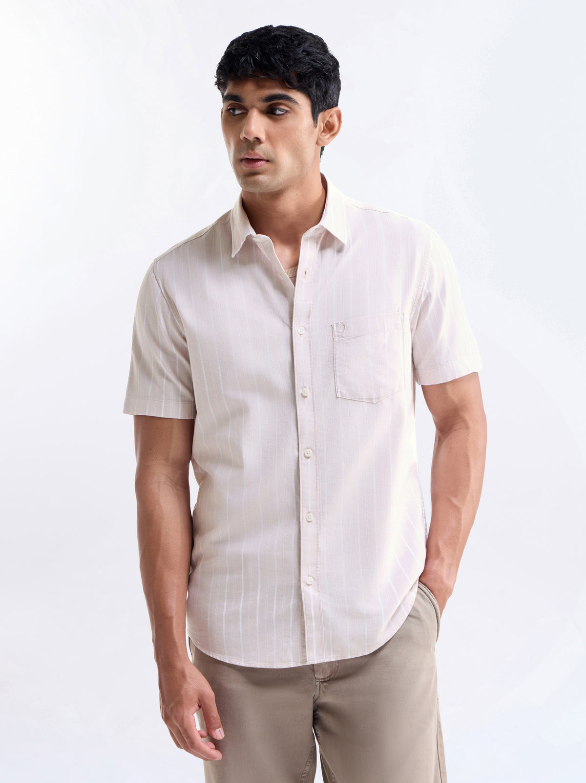 Striped Regular Fit Shirt - Lt Khaki t4option_1