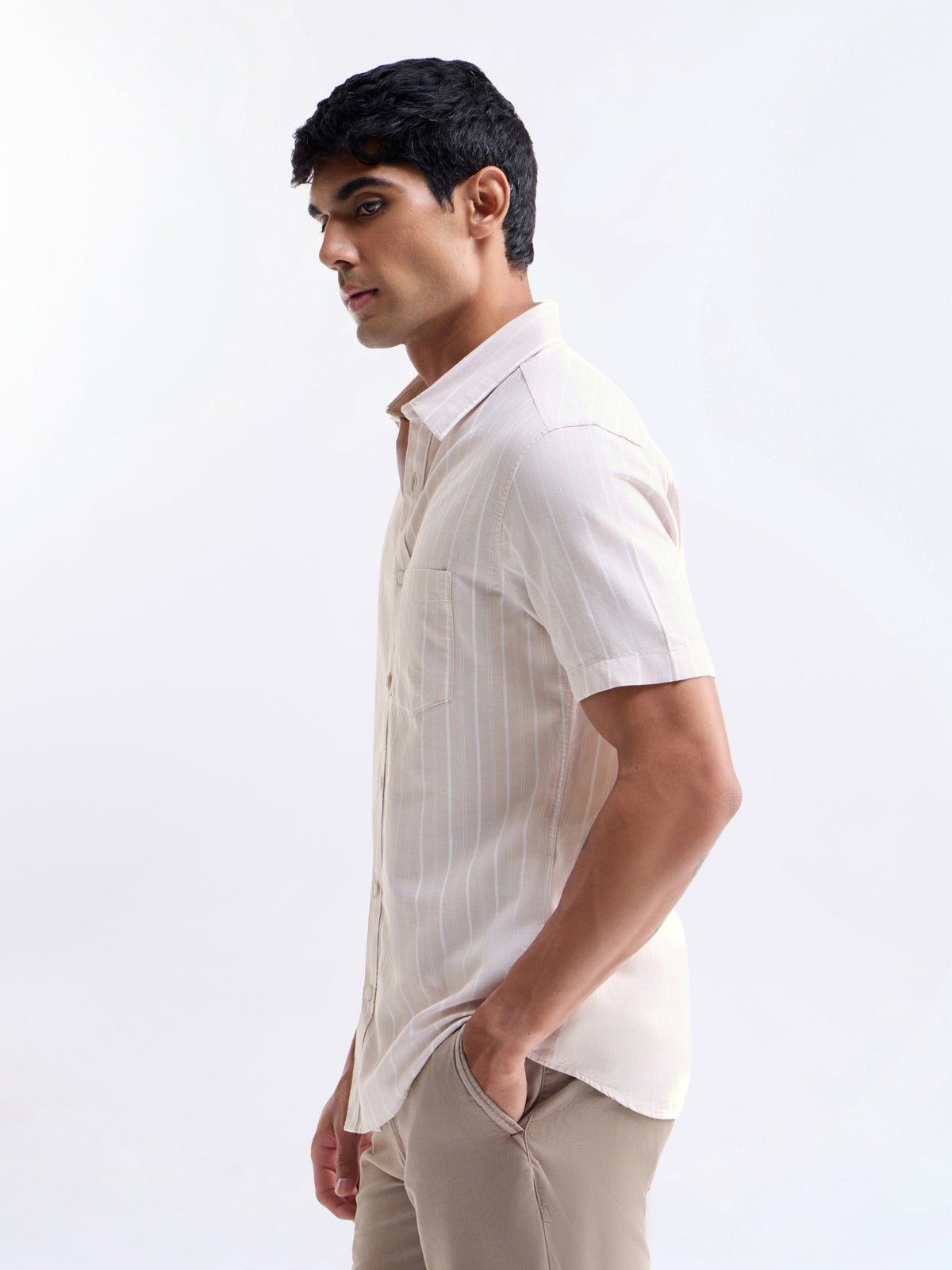 Striped Regular Fit Shirt - Lt Khaki t4option_1