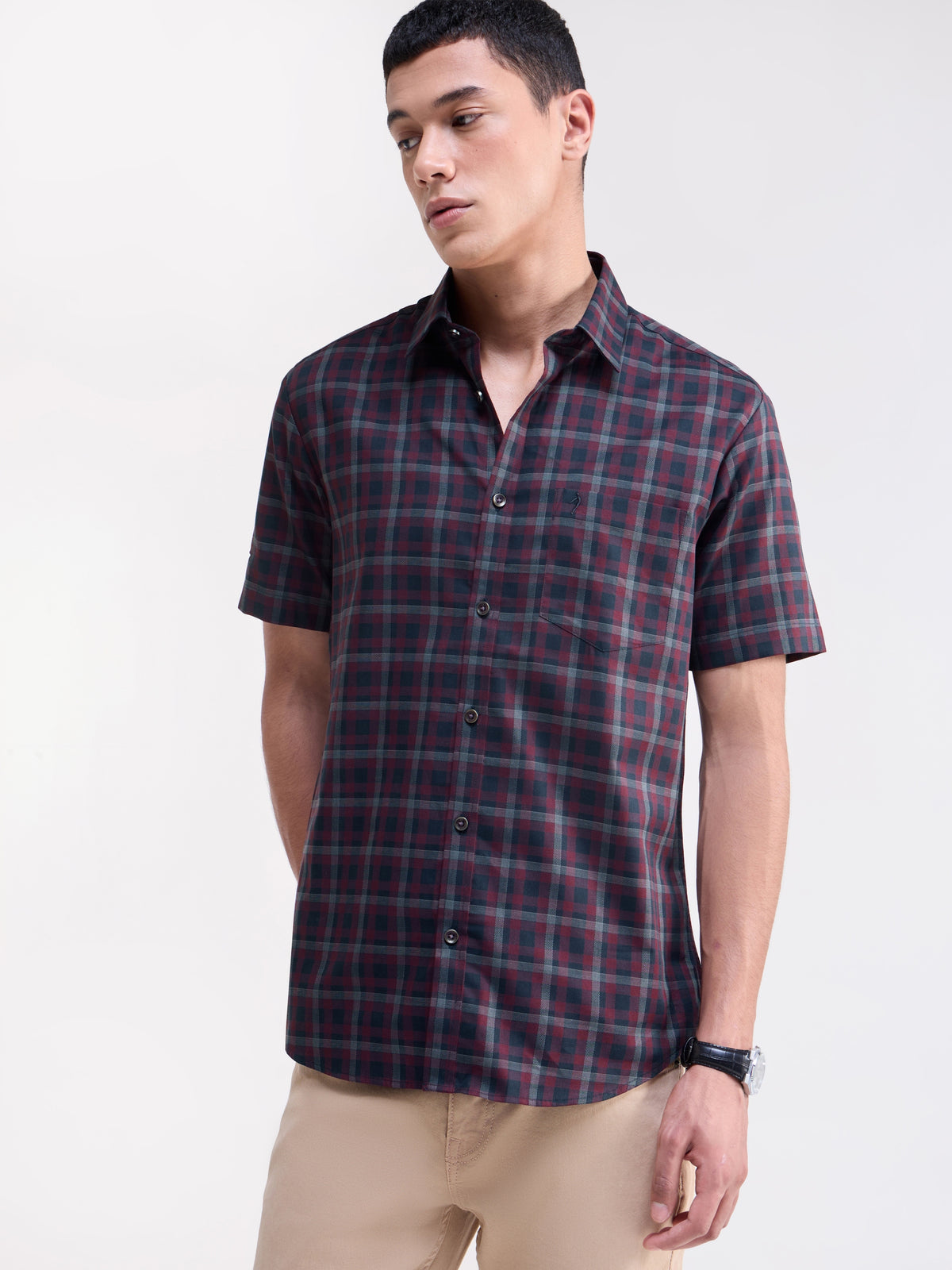 Wine check Regular Fit Shirt - Wine t4option_0