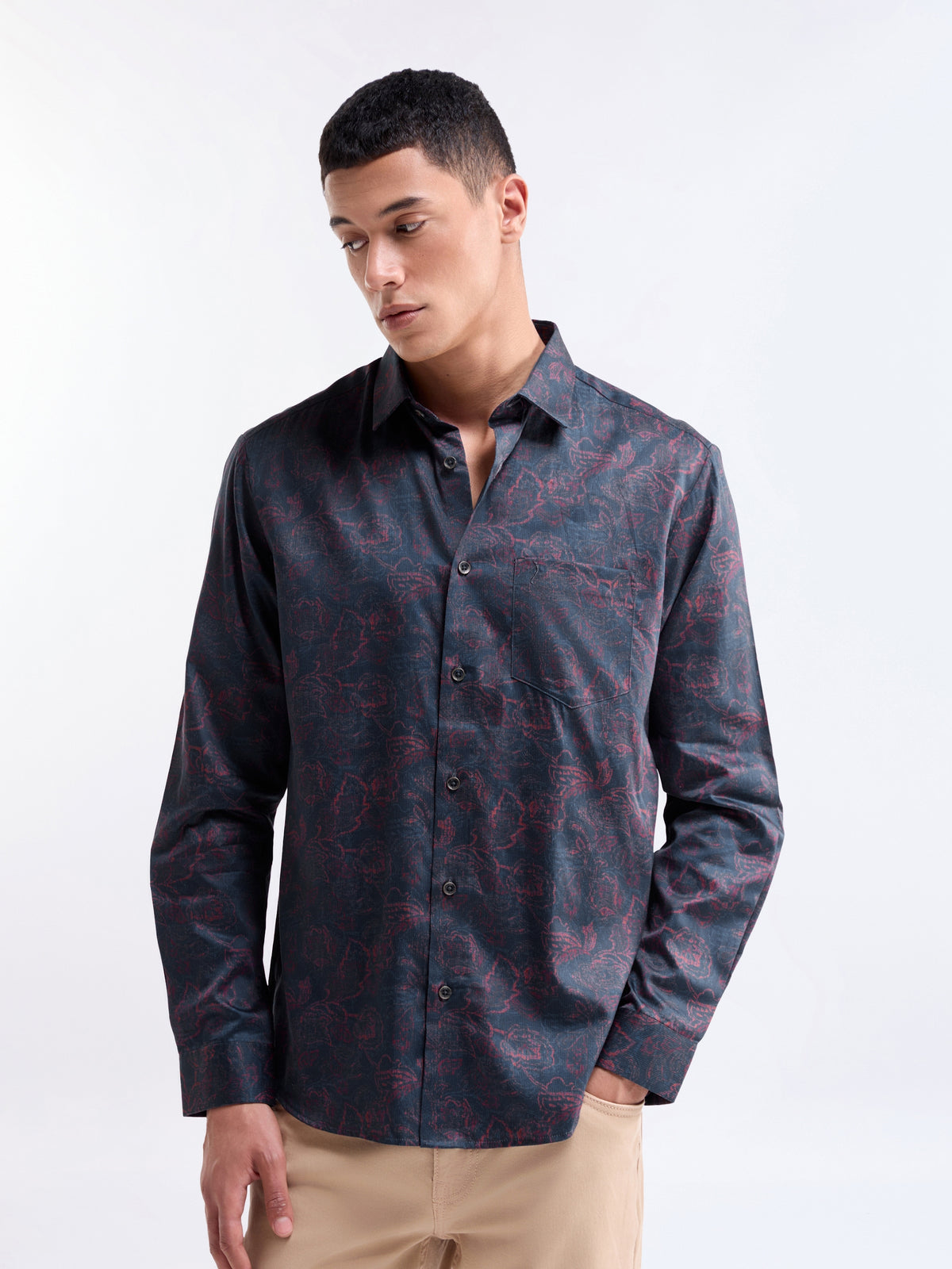 Printed Regular Fit Shirt - Navy t4option_0