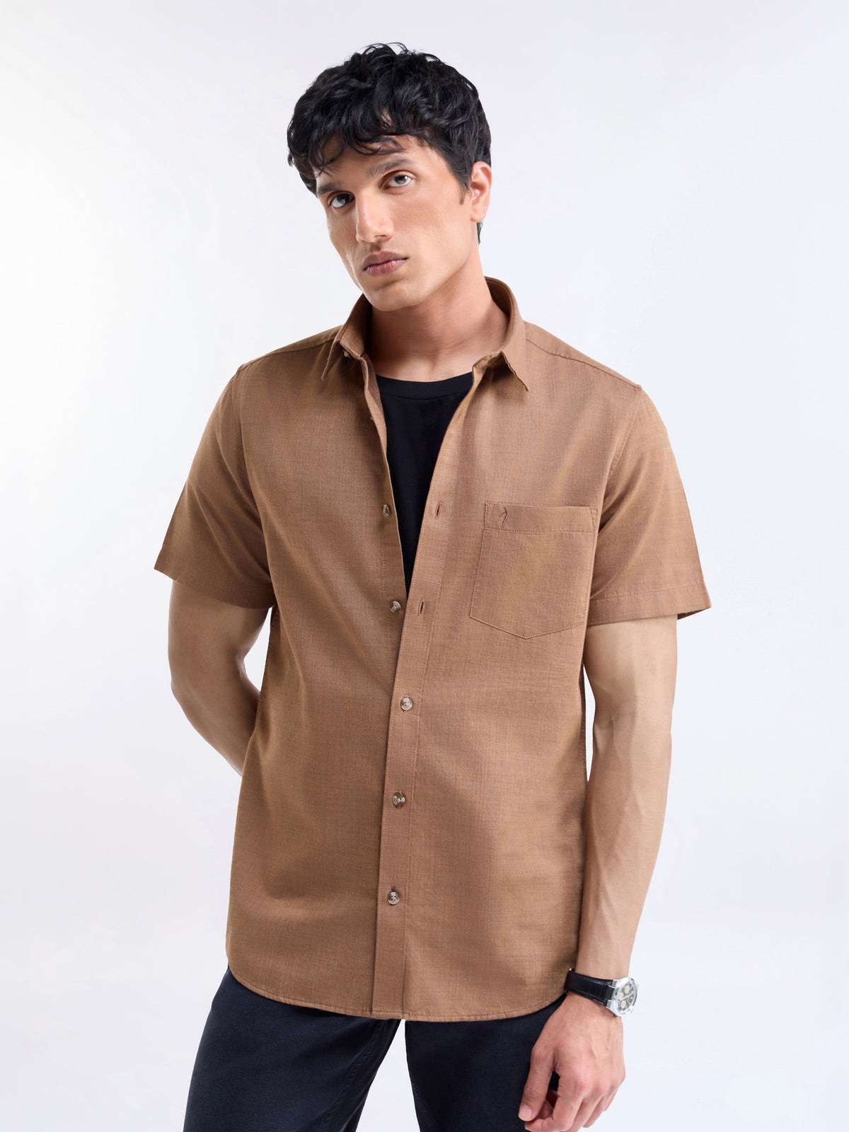 Solid Half Sleeve Cotton Shirt - Clay Mel t4option_0