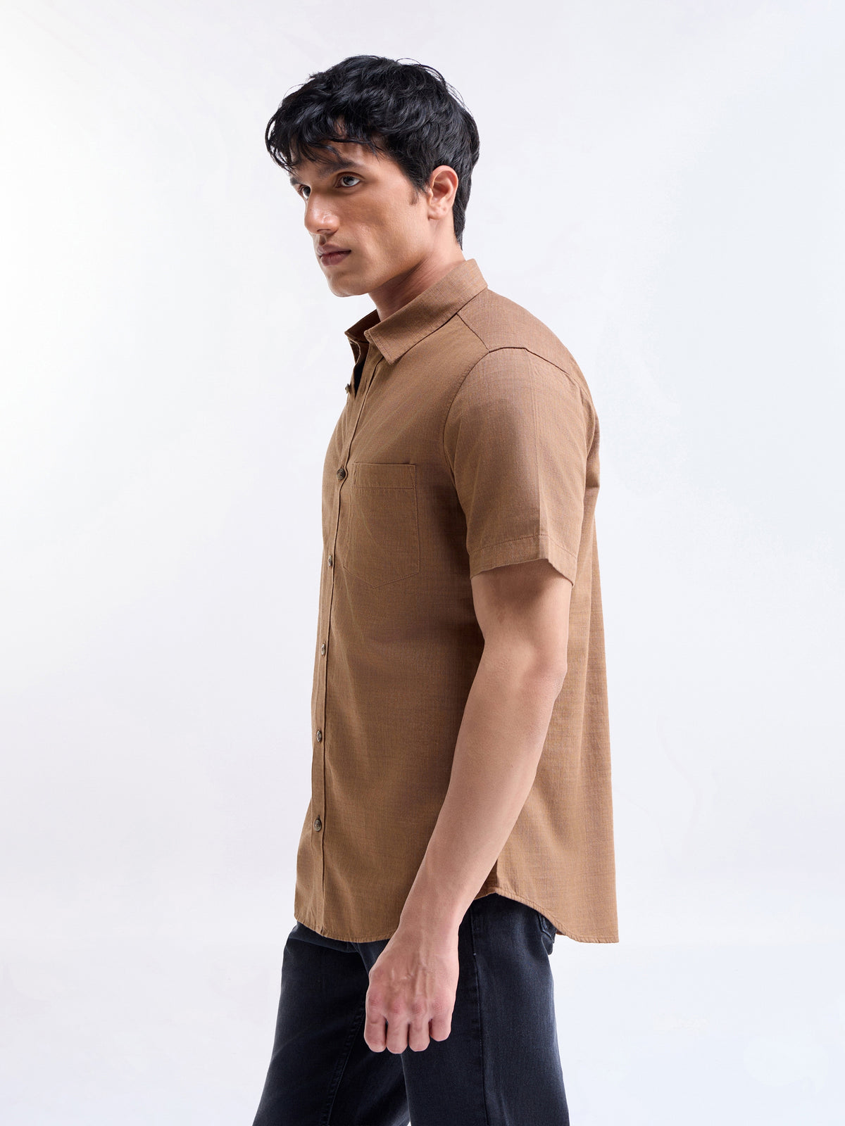 Solid Half Sleeve Cotton Shirt - Clay Mel t4option_0