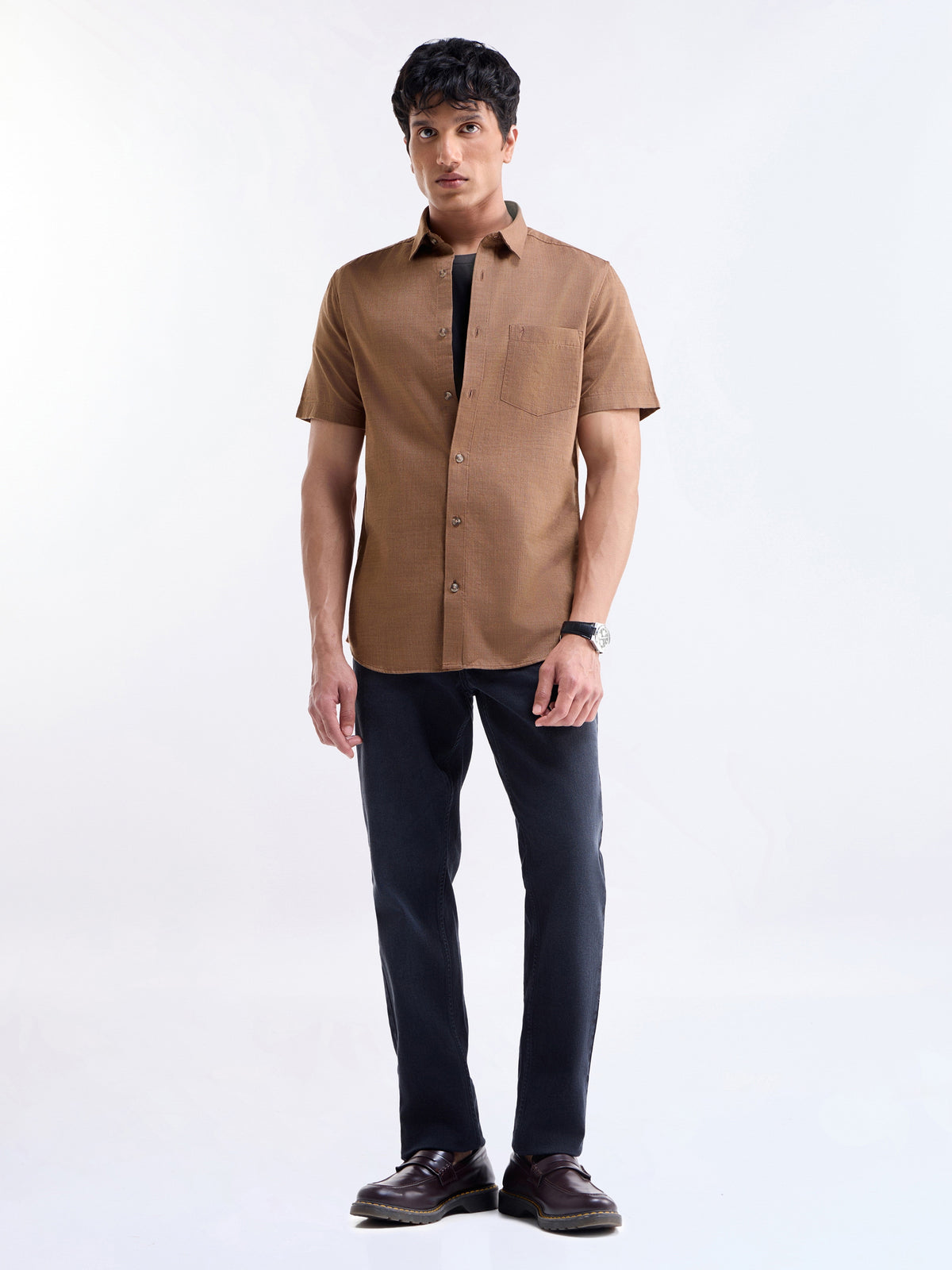 Solid Half Sleeve Cotton Shirt - Clay Mel t4option_0