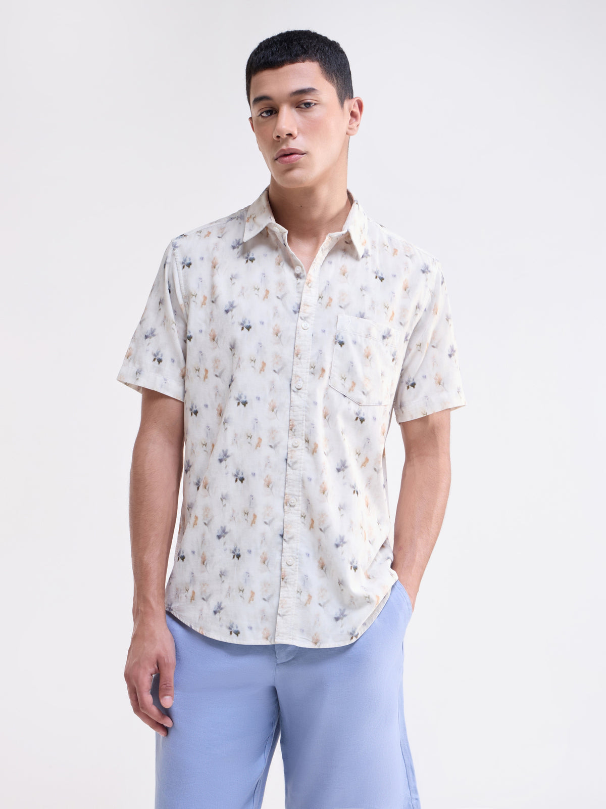White Printed Regular Fit Shirt - White t4option_0