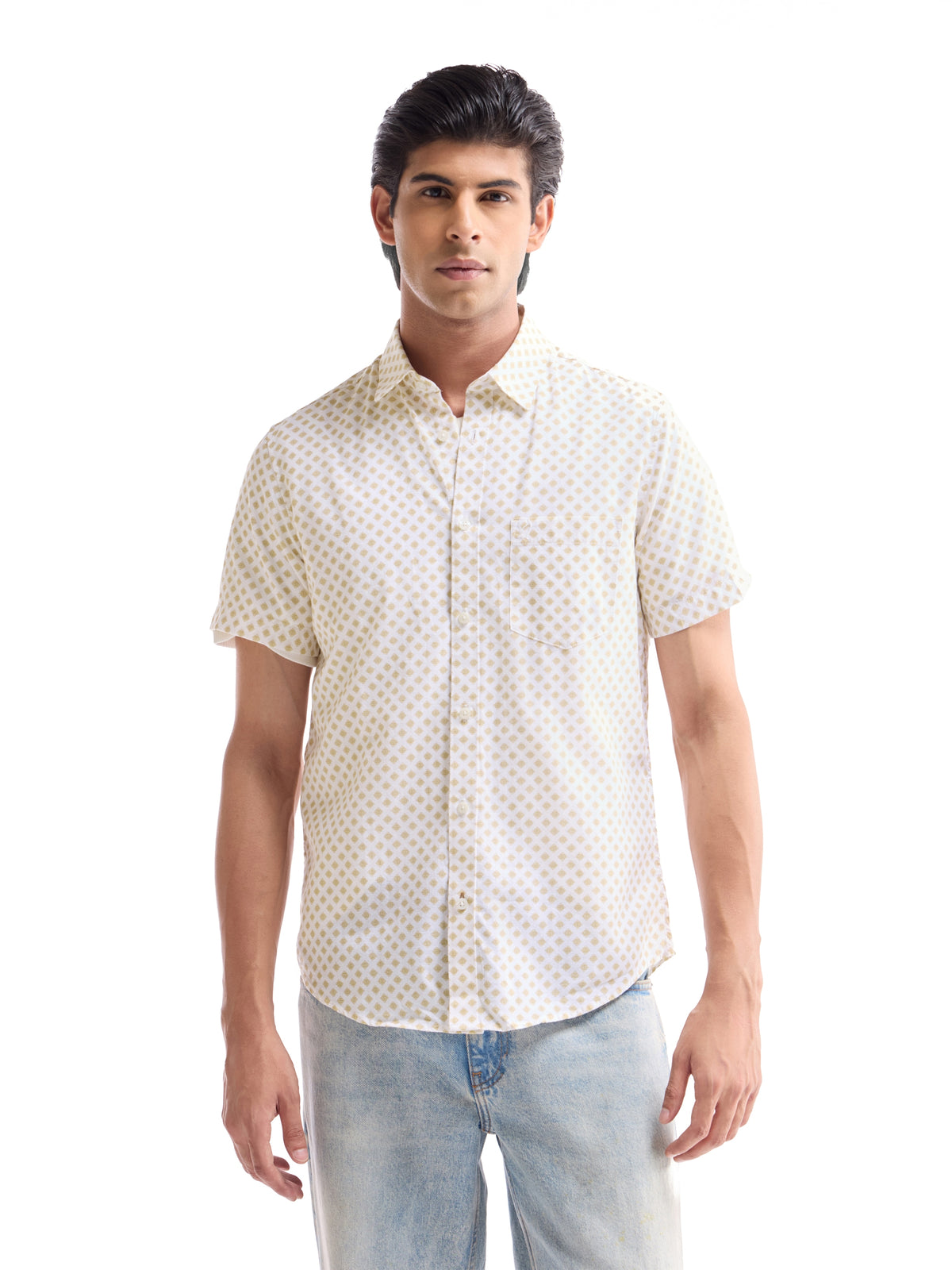 Printed Regular Fit Shirt - Khaki t4option_0