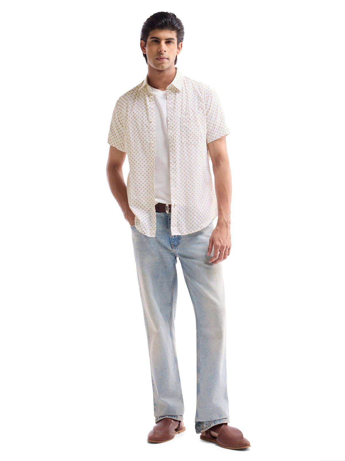 Printed Regular Fit Shirt - Khaki t4option_0