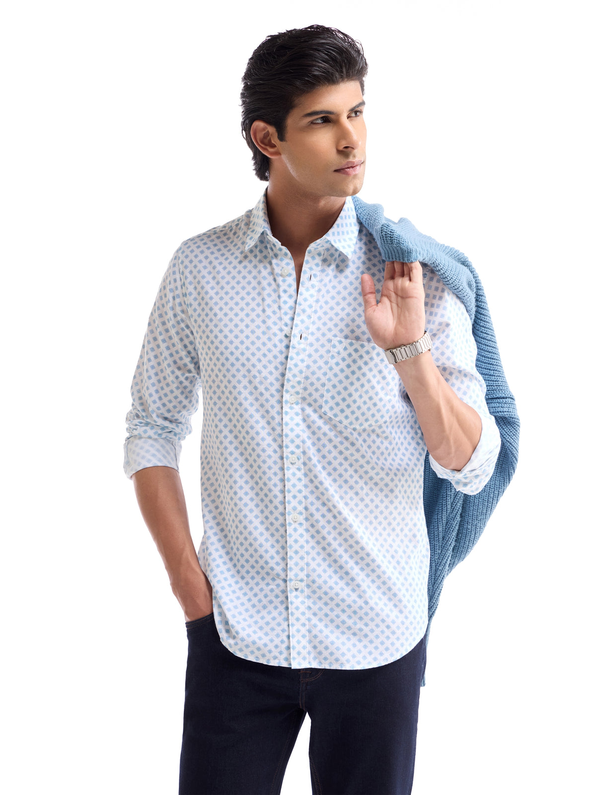 Printed Regular Fit Shirt - Sky t4option_1