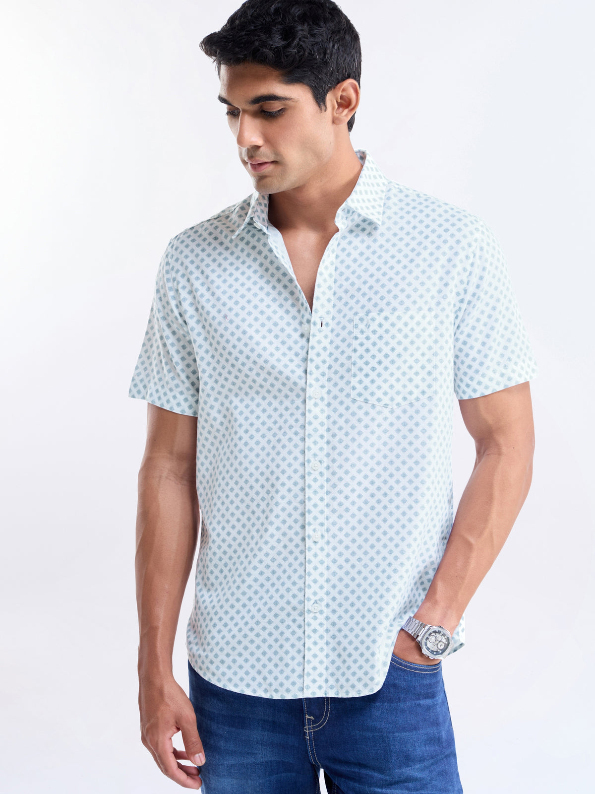 Printed Regular Fit Shirt - Sky t4option_1